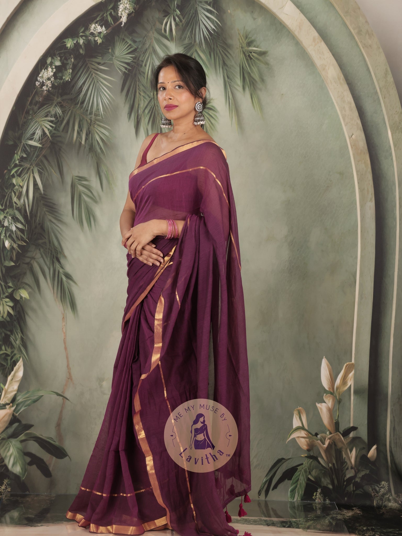 G-Siren Wine Mul Cotton Saree with Gold Border
