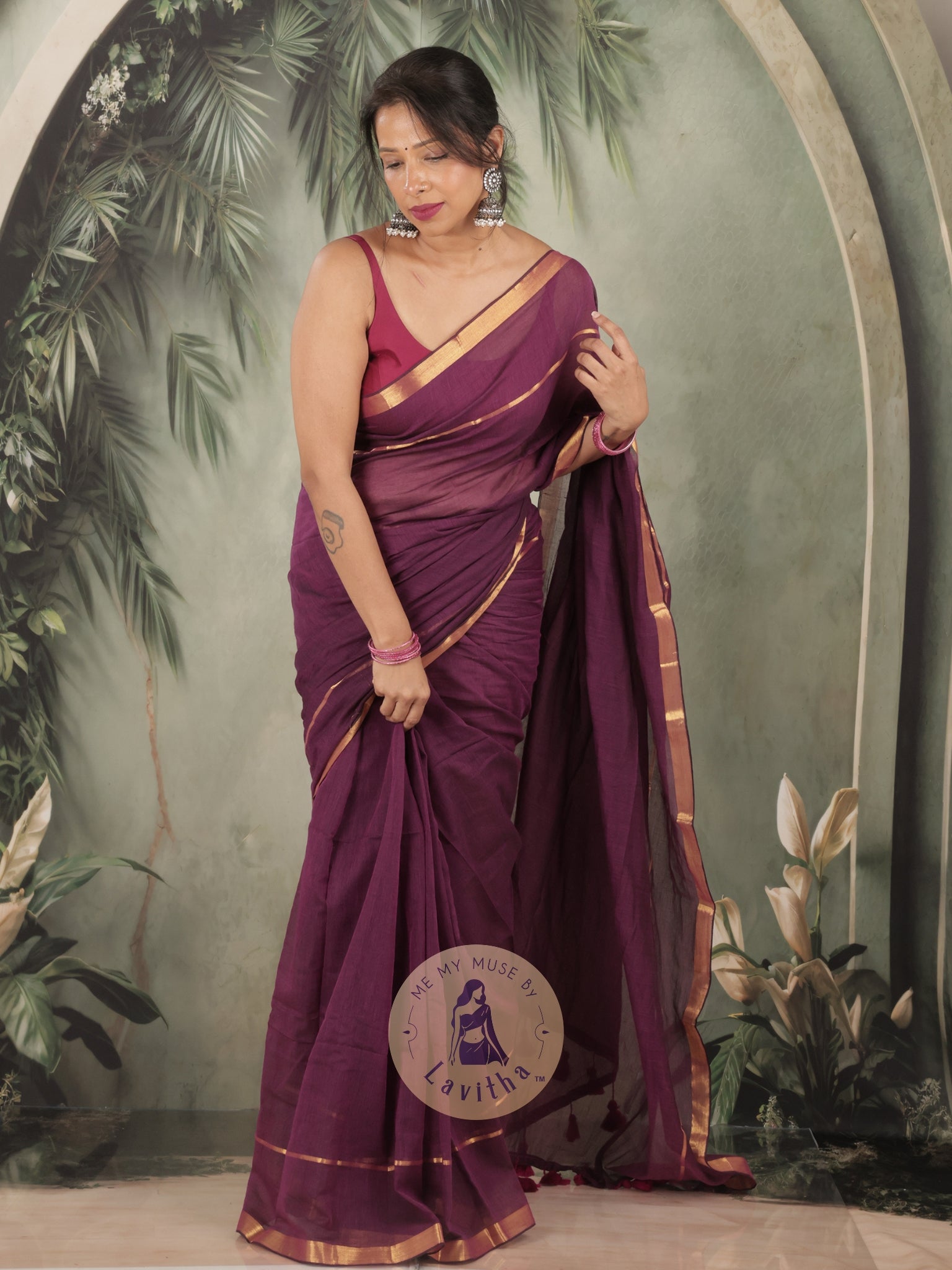 G-Siren Wine Mul Cotton Saree with Gold Border