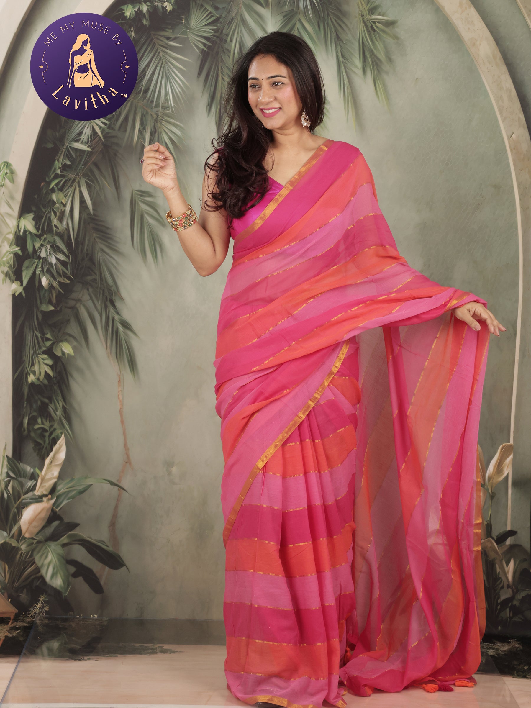 Haseena Pink Monochrome Striped Mul Cotton Saree