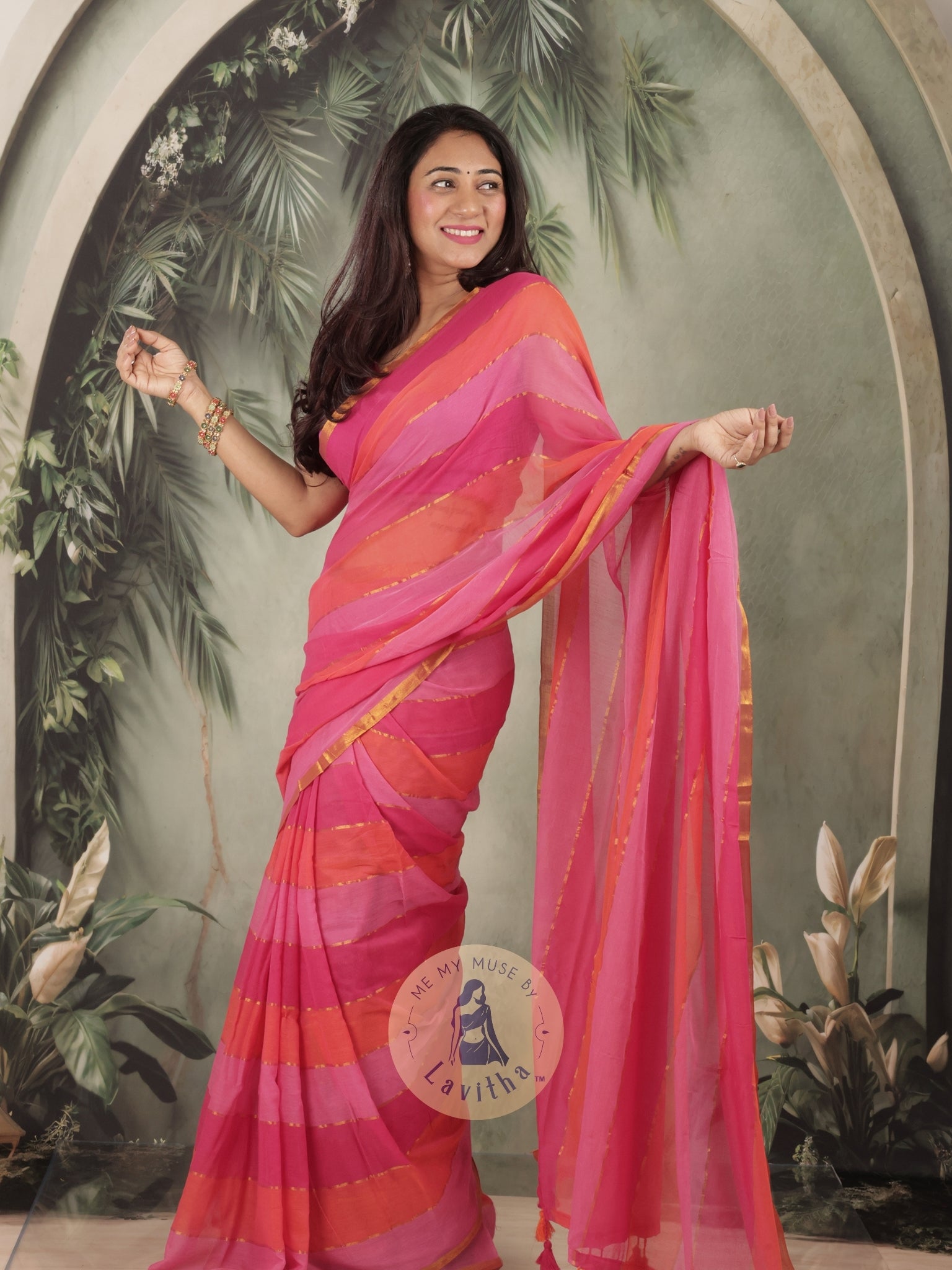 Haseena Pink Monochrome Striped Mul Cotton Saree