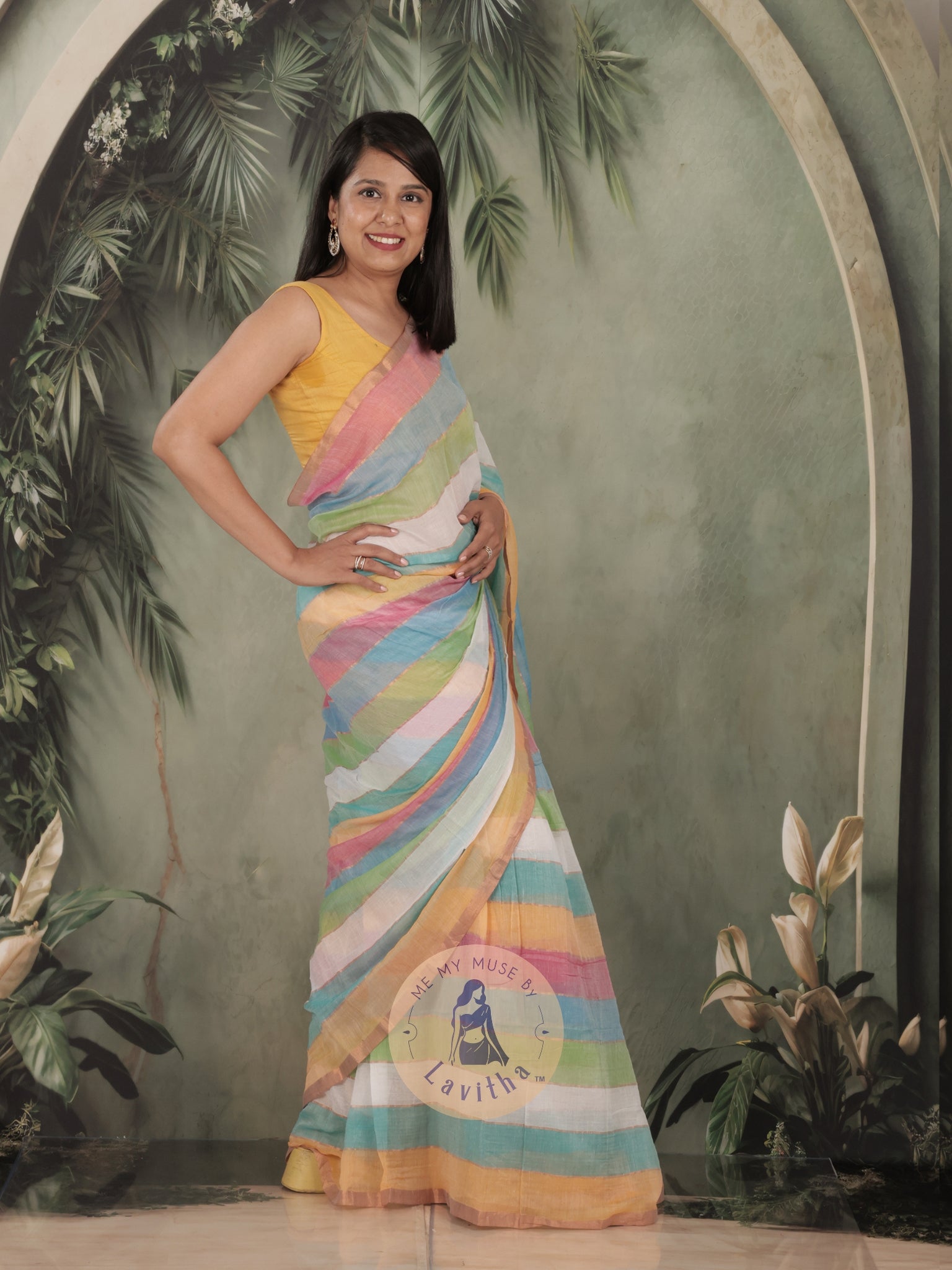 Haseena Blue Pink Monochrome Striped Mul Cotton Saree
