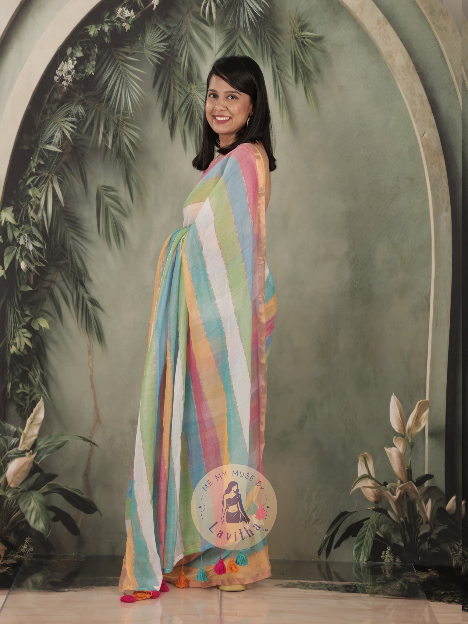 Haseena Blue Pink Monochrome Striped Mul Cotton Saree