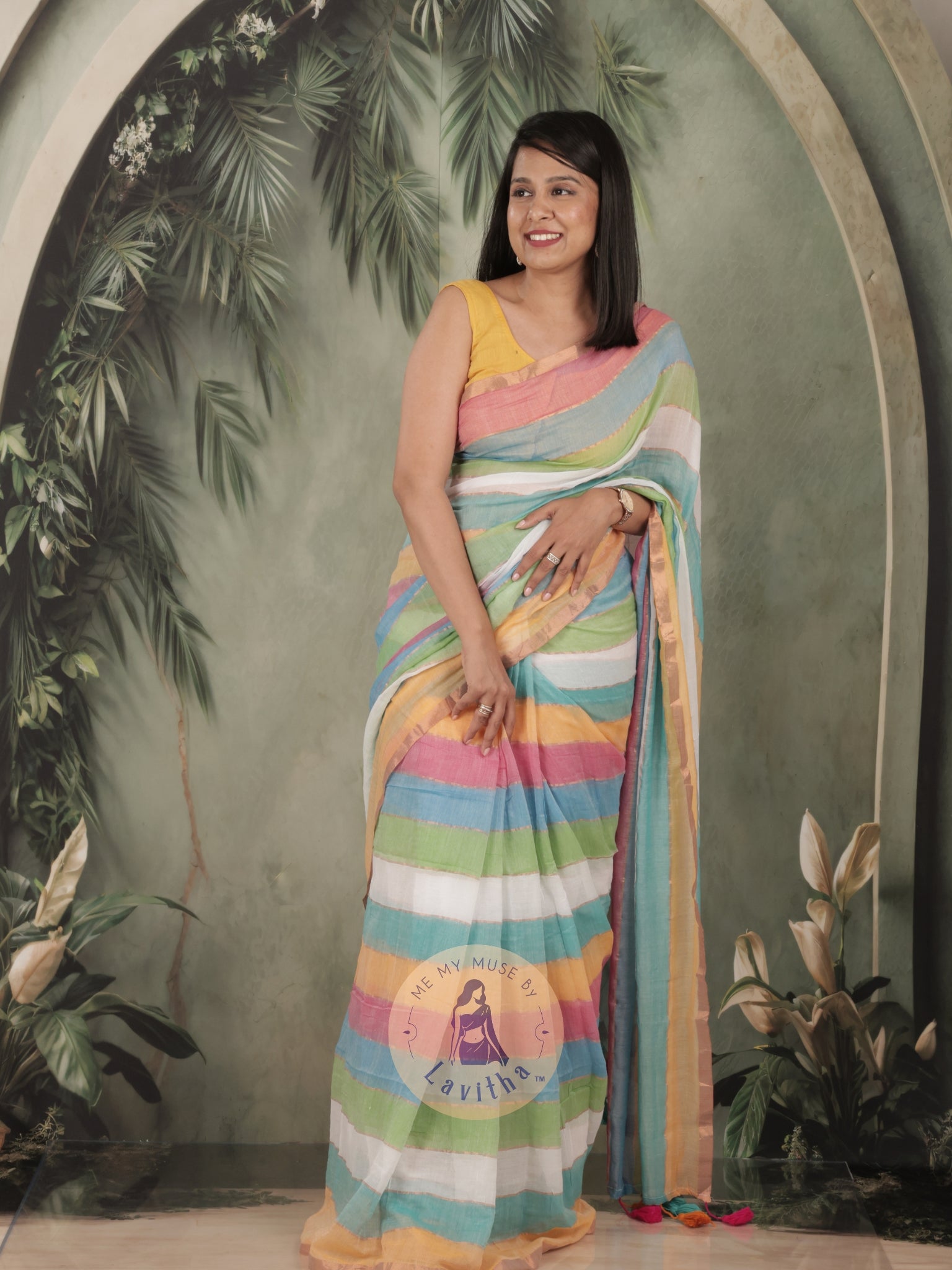 Haseena Blue Pink Monochrome Striped Mul Cotton Saree