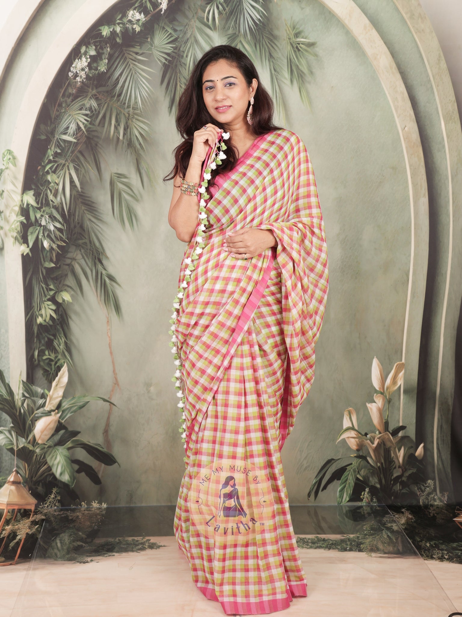 Haseena Pink Green Checkered Mul Cotton Saree
