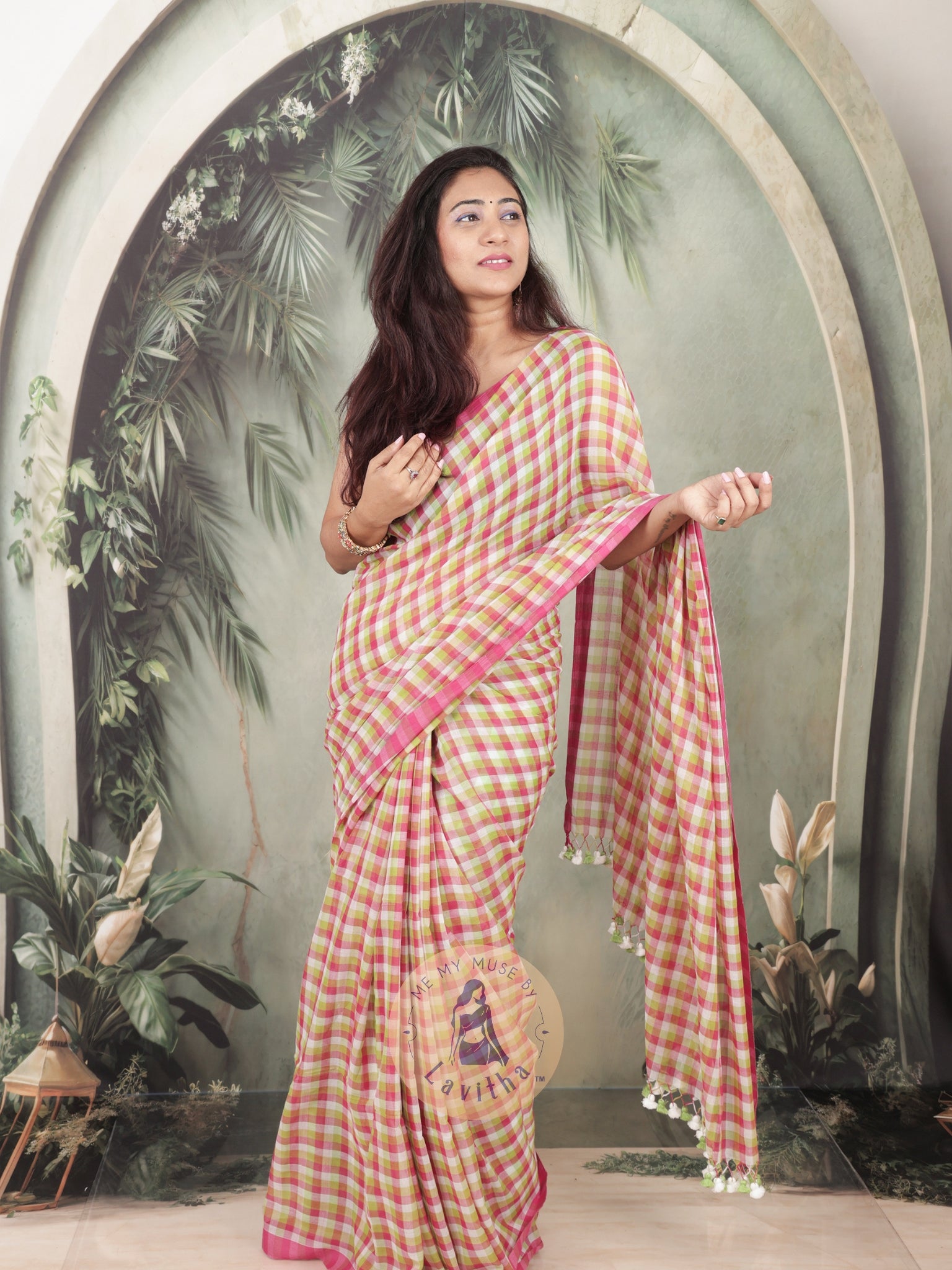 Haseena Pink Green Checkered Mul Cotton Saree