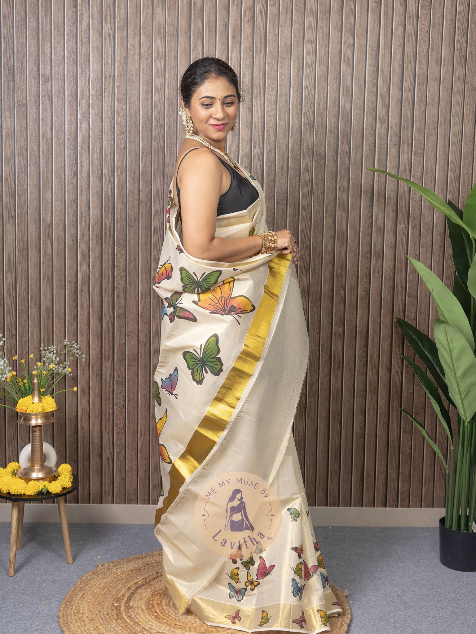Kerala Kasavu Butterfly Tissue Silk Saree