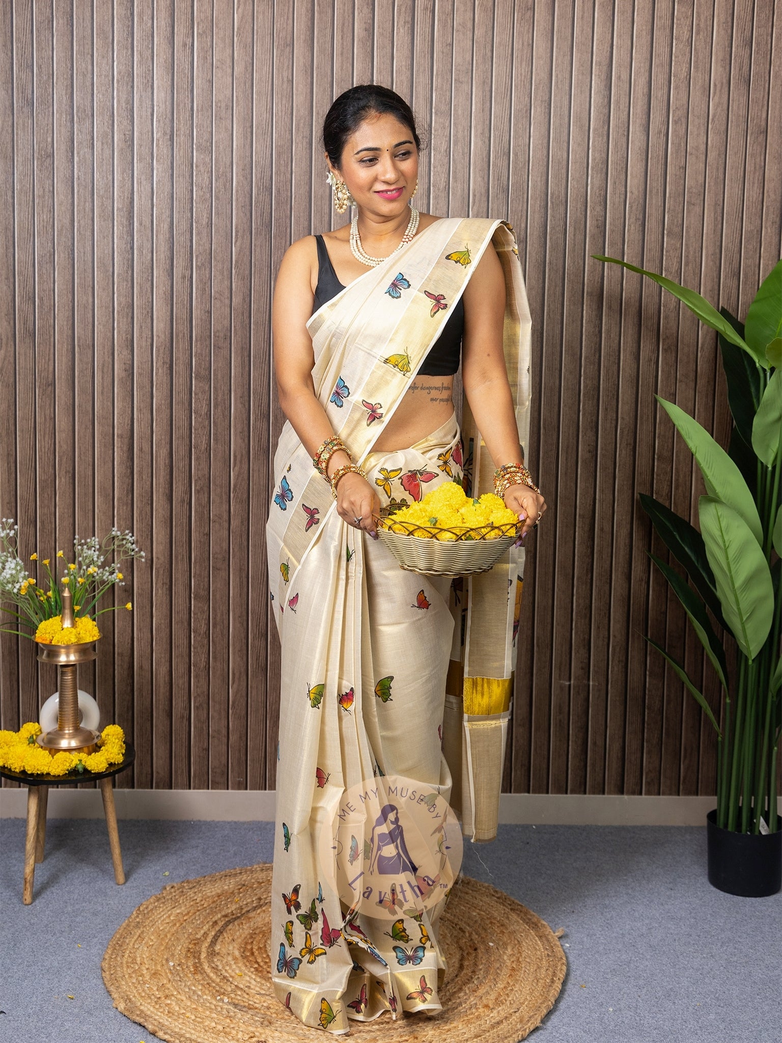 Kerala Kasavu Butterfly Tissue Silk Saree