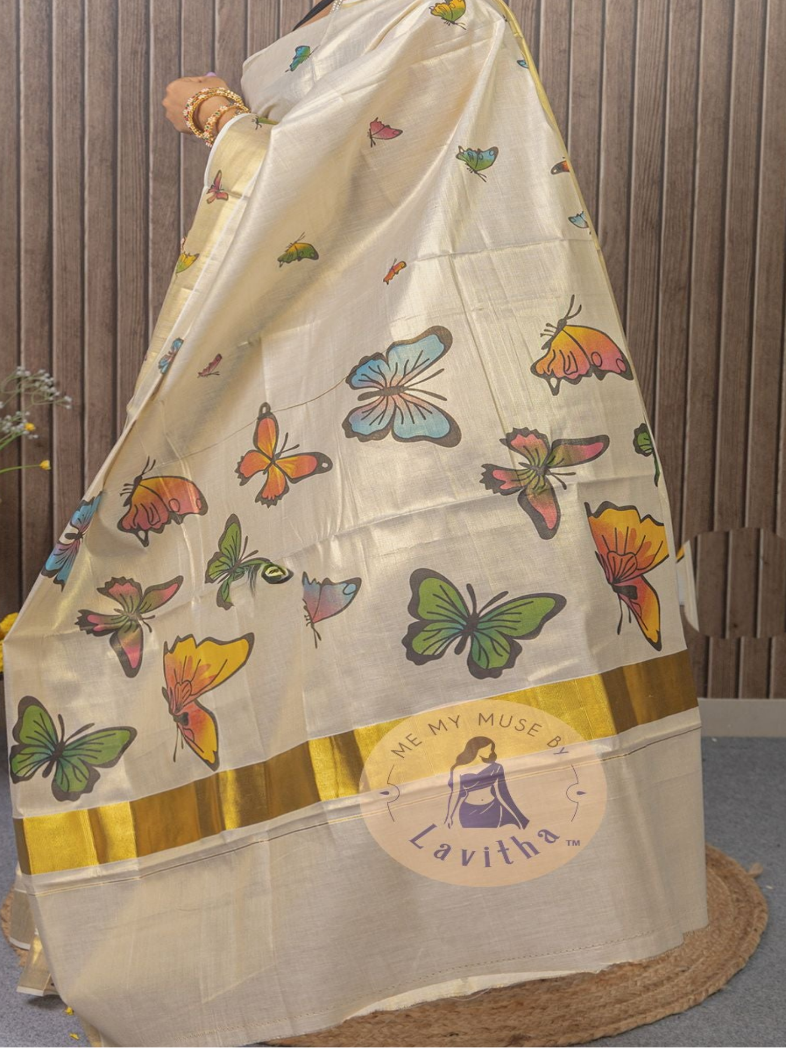 Kerala Kasavu Butterfly Tissue Silk Saree