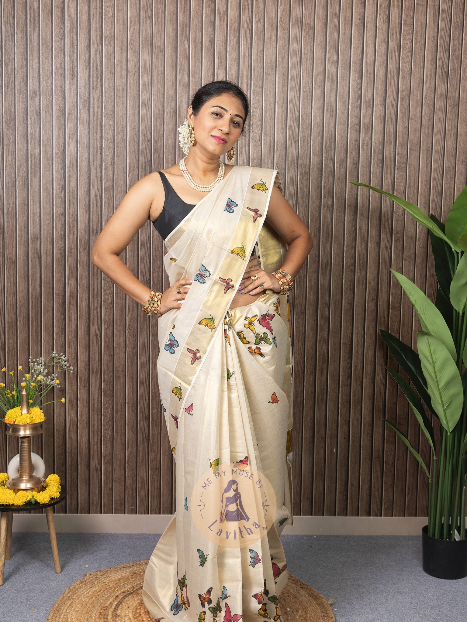 Kerala Kasavu Butterfly Tissue Silk Saree