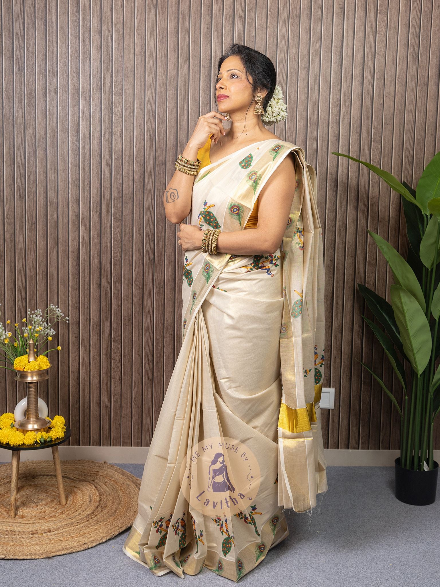 Our muse in a Kerala Kasavu Tissue Silk Saree exclusively available on Me My Muse by Lavitha