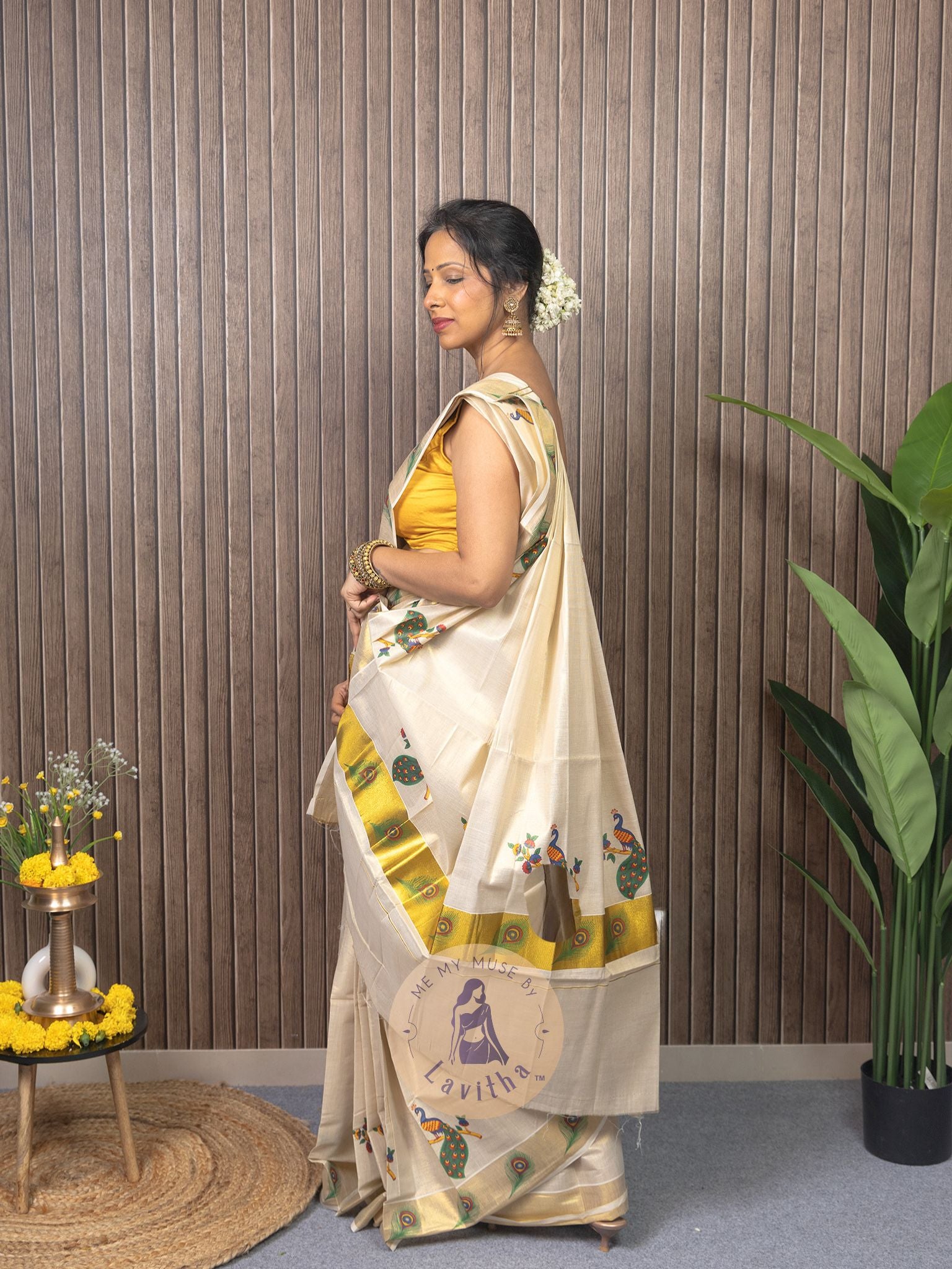 Our muse in a Kerala Kasavu Tissue Silk Saree exclusively available on Me My Muse by Lavitha