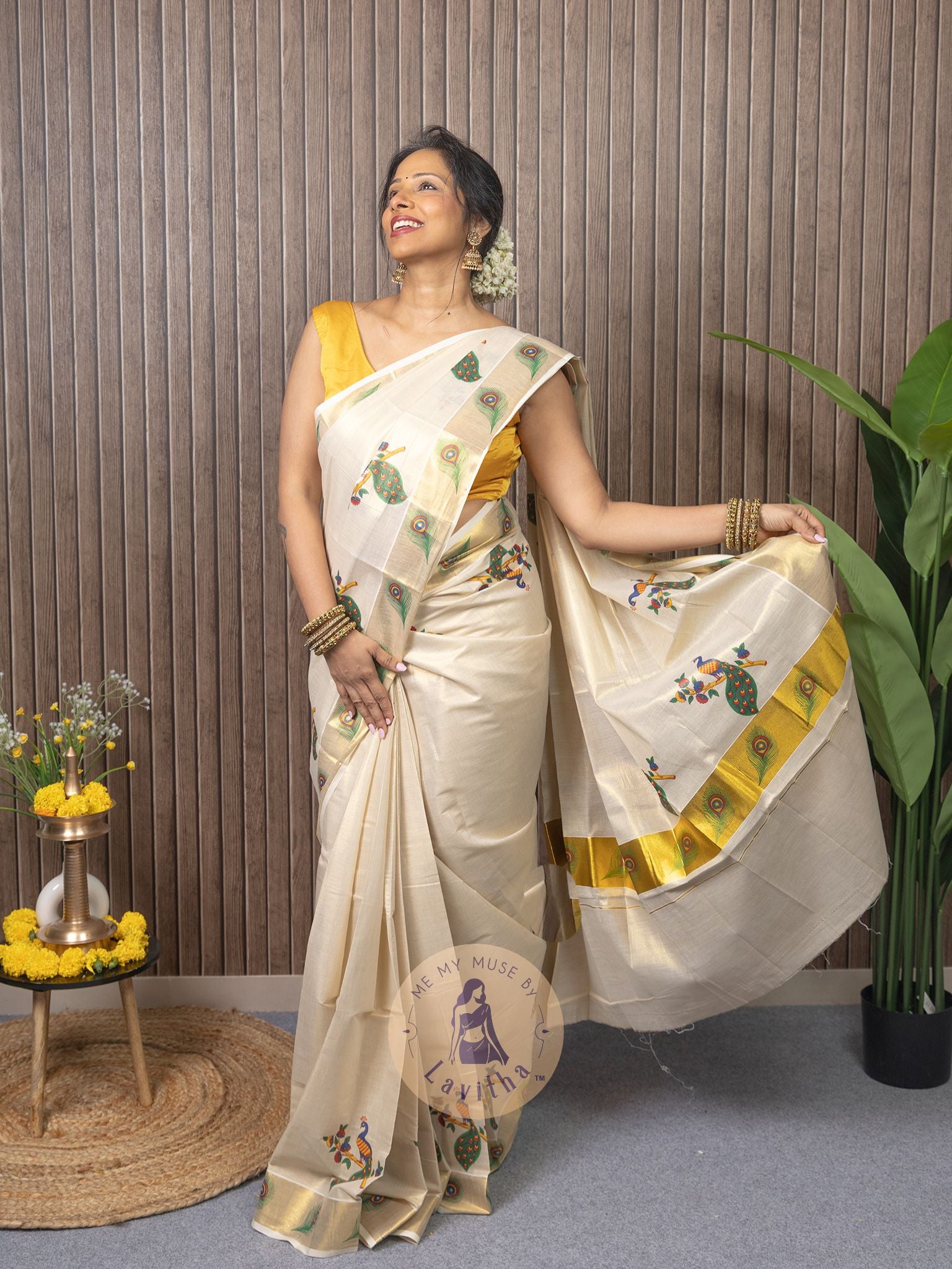 Our muse in a Kerala Kasavu Tissue Silk Saree exclusively available on Me My Muse by Lavitha