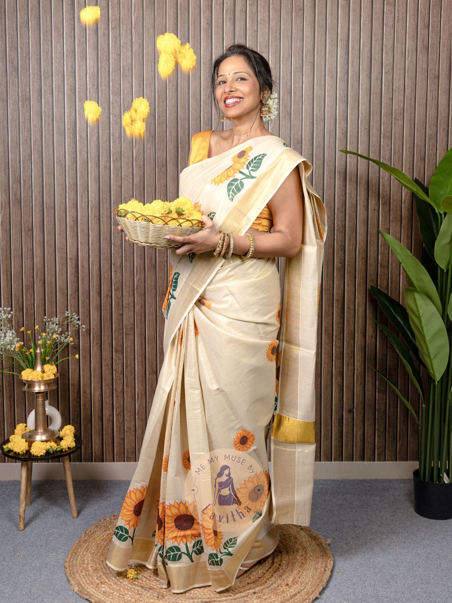 Our muse in a Kerala Kasavu Tissue Silk Saree from Me My Muse by Lavitha