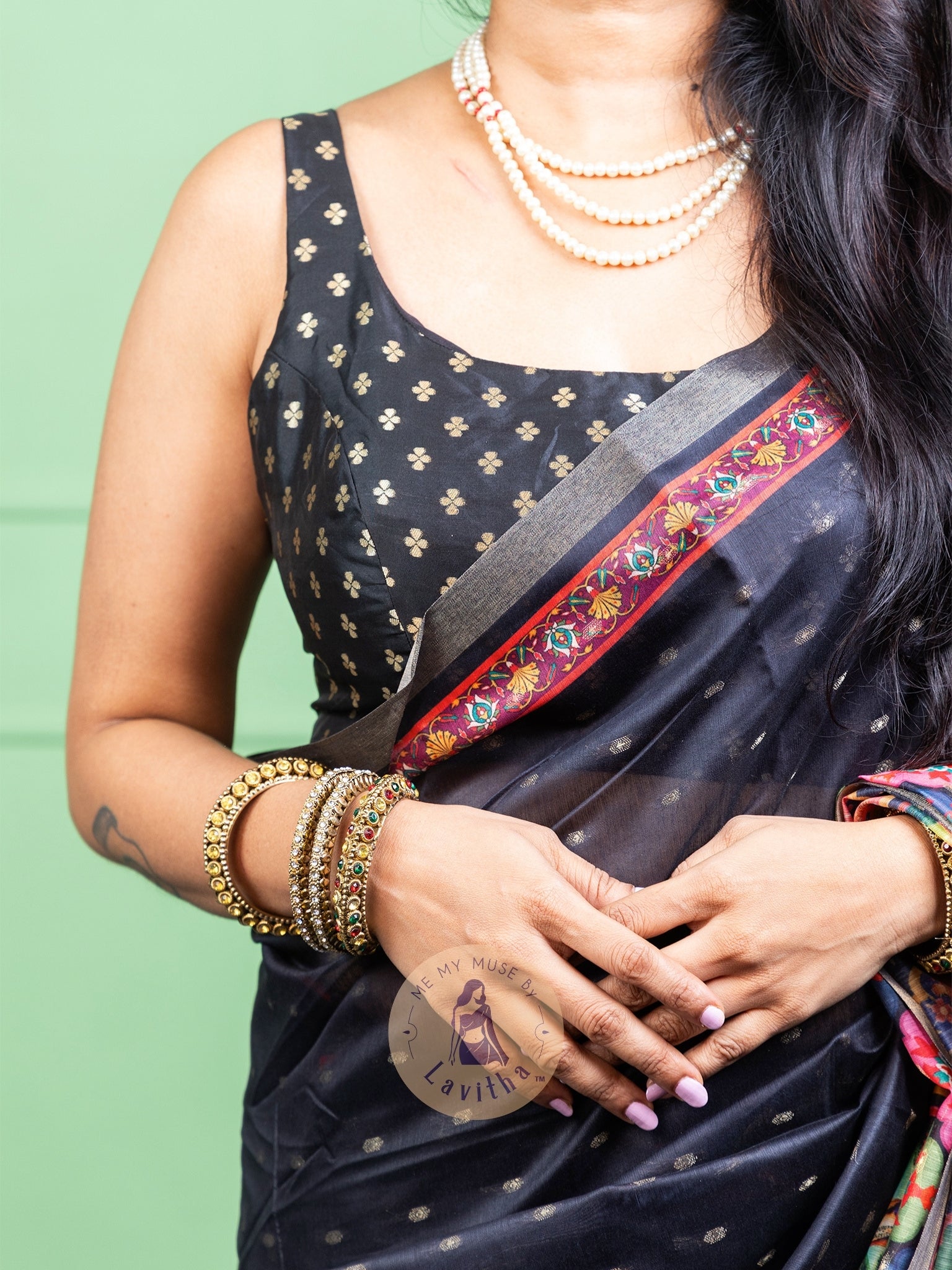 Our muse in a Black Chanderi Cotton saree with ready-to-wear Black Silk Butti Padded Blouse exclusively available on Me My Muse by Lavitha