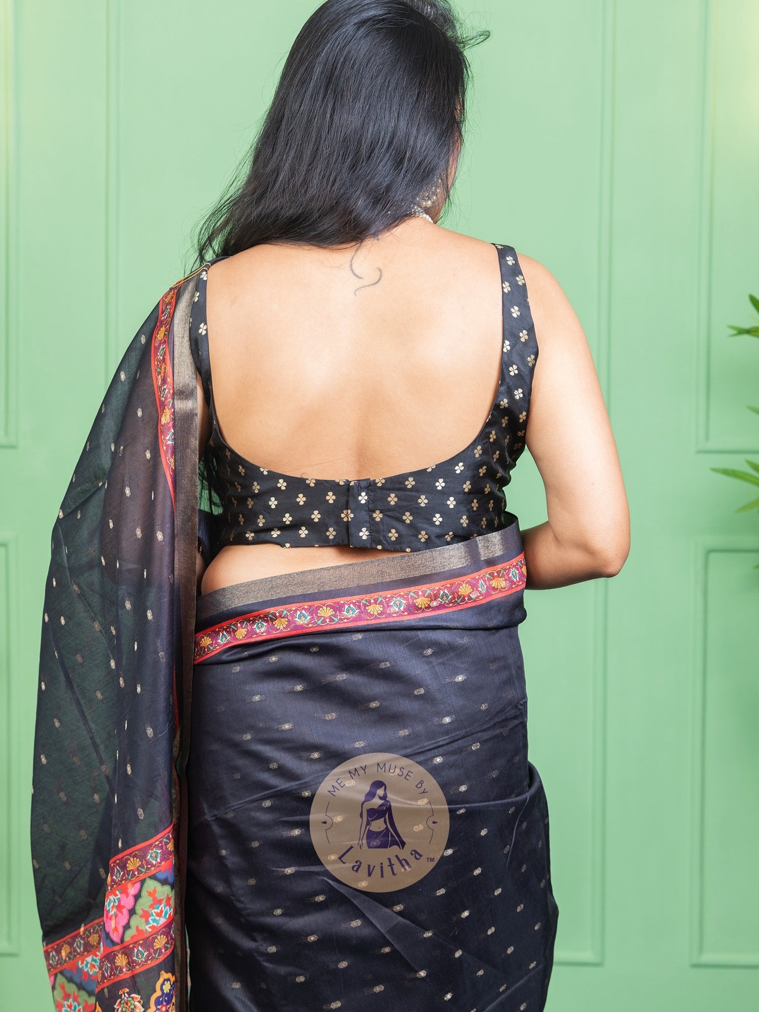 Our muse in a Black Chanderi Cotton saree with ready-to-wear Black Silk Butti Padded Blouse exclusively available on Me My Muse by Lavitha