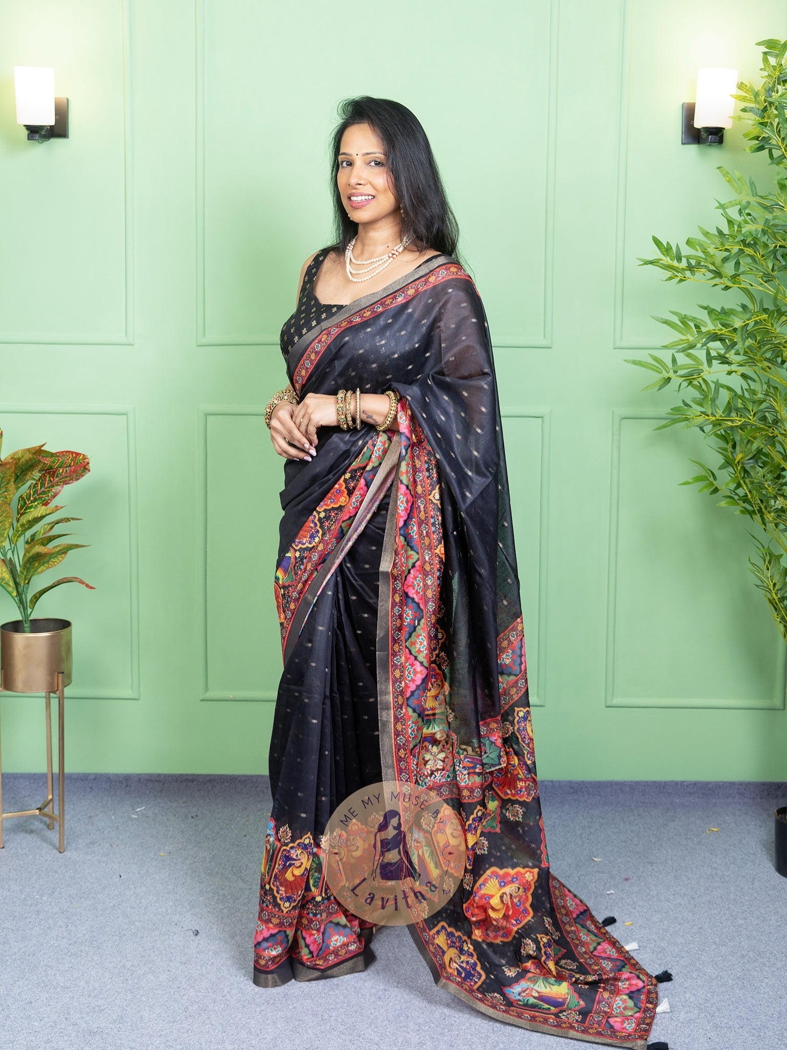 Our muse in a Black Chanderi Cotton saree with ready-to-wear Black Silk Butti Padded Blouse exclusively available on Me My Muse by Lavitha
