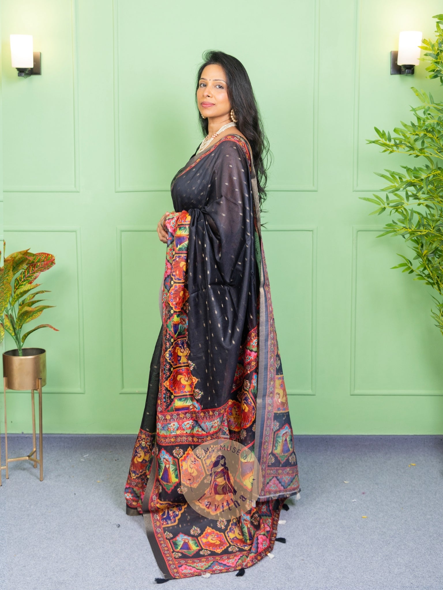 Our muse in a Black Chanderi Cotton saree with ready-to-wear Black Silk Butti Padded Blouse exclusively available on Me My Muse by Lavitha