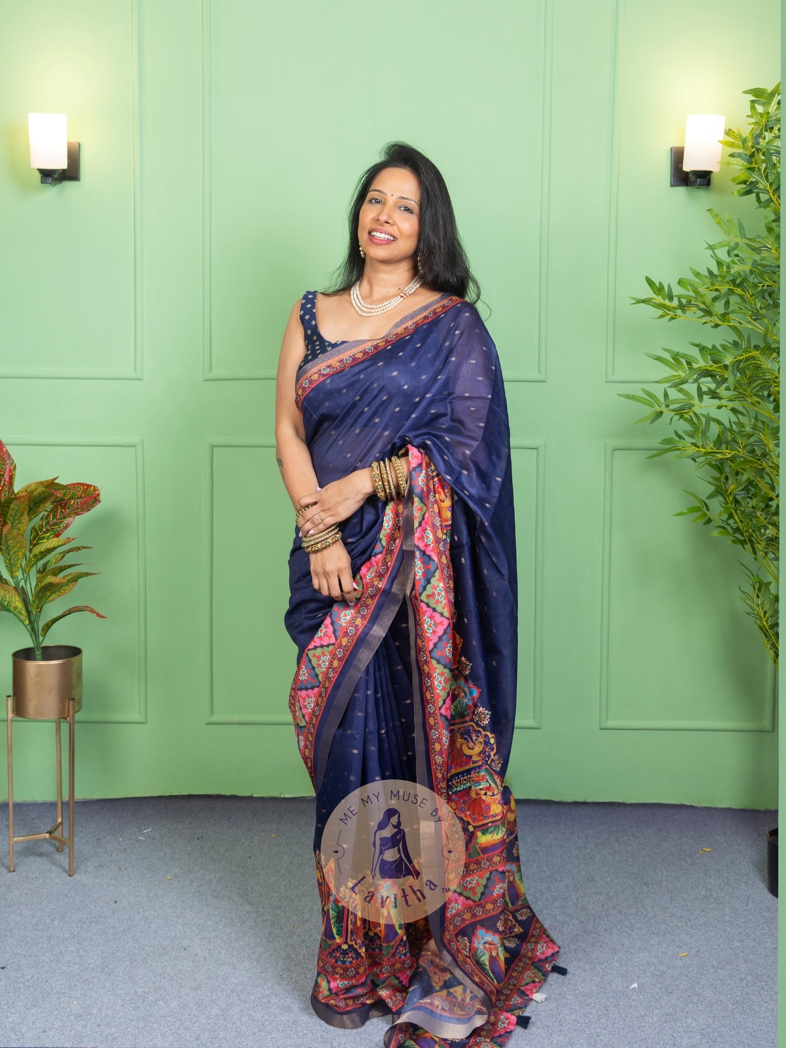 Our muse in a Blue Chanderi Cotton saree with ready-to-wear Blue Silk Butti Padded Blouse exclusively available on Me My Muse by Lavitha