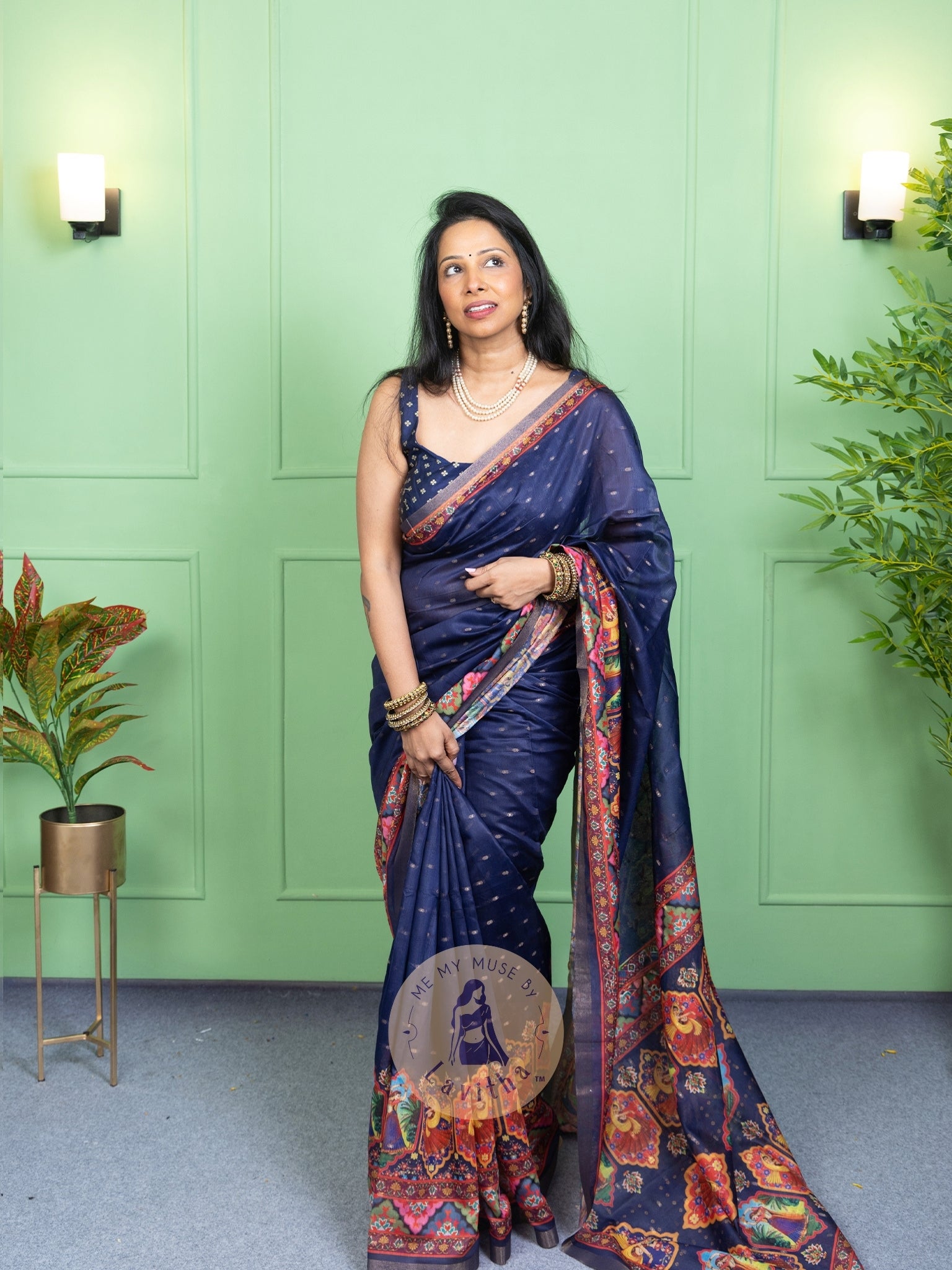 Our muse in a Blue Chanderi Cotton saree with ready-to-wear Blue Silk Butti Padded Blouse exclusively available on Me My Muse by Lavitha