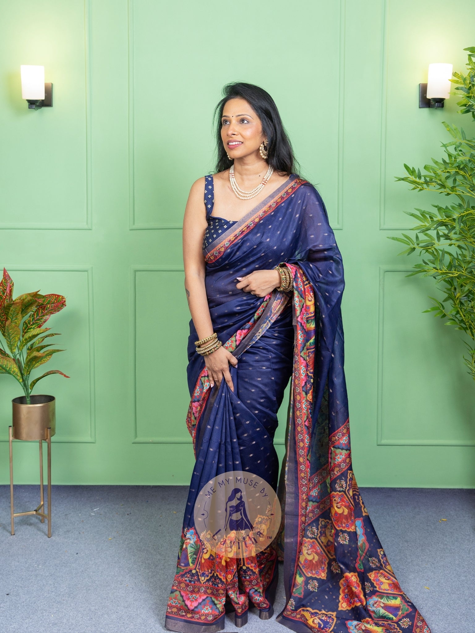 Our muse in a Blue Chanderi Cotton saree with ready-to-wear Blue Silk Butti Padded Blouse exclusively available on Me My Muse by Lavitha