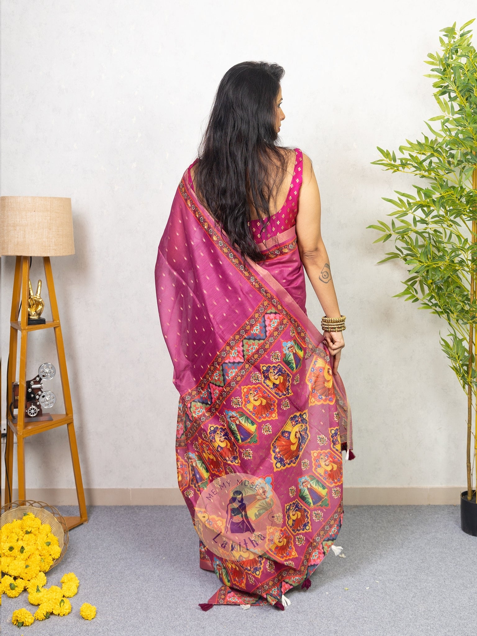 Our muse in a Mauve Chanderi Cotton saree with ready-to-wear Mauve Silk Butti Padded Blouse exclusively available on Me My Muse by Lavitha