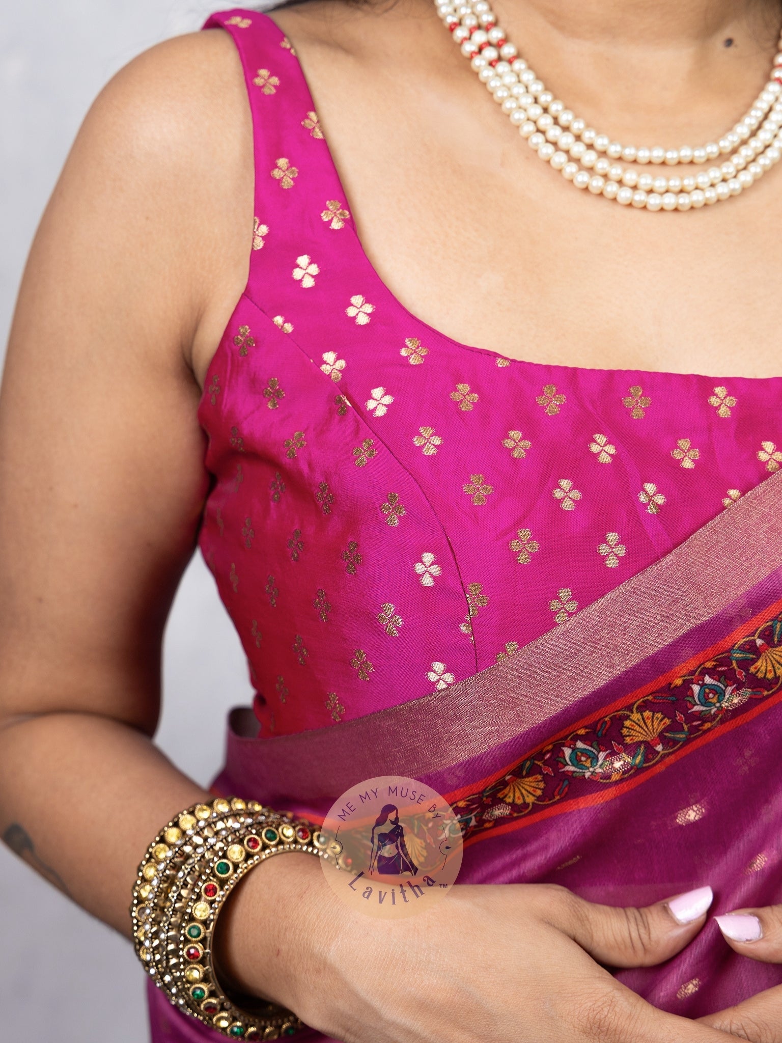 Our muse in a Mauve Chanderi Cotton saree with ready-to-wear Mauve Silk Butti Padded Blouse exclusively available on Me My Muse by Lavitha
