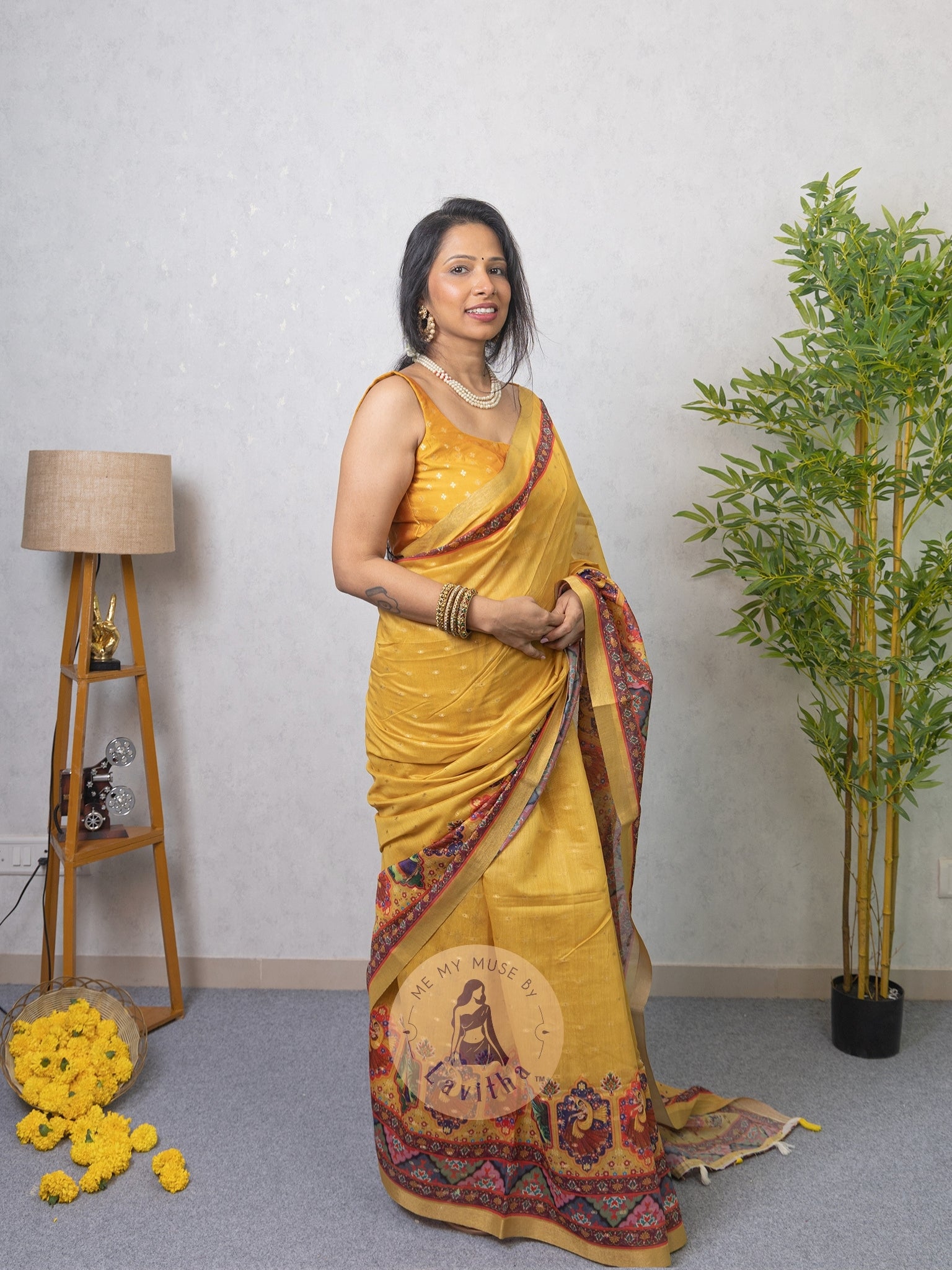 Our muse in a Mustard Yellow Chanderi Cotton saree with ready-to-wear Mustard Yellow Silk Butti Padded Blouse exclusively available on Me My Muse by Lavitha