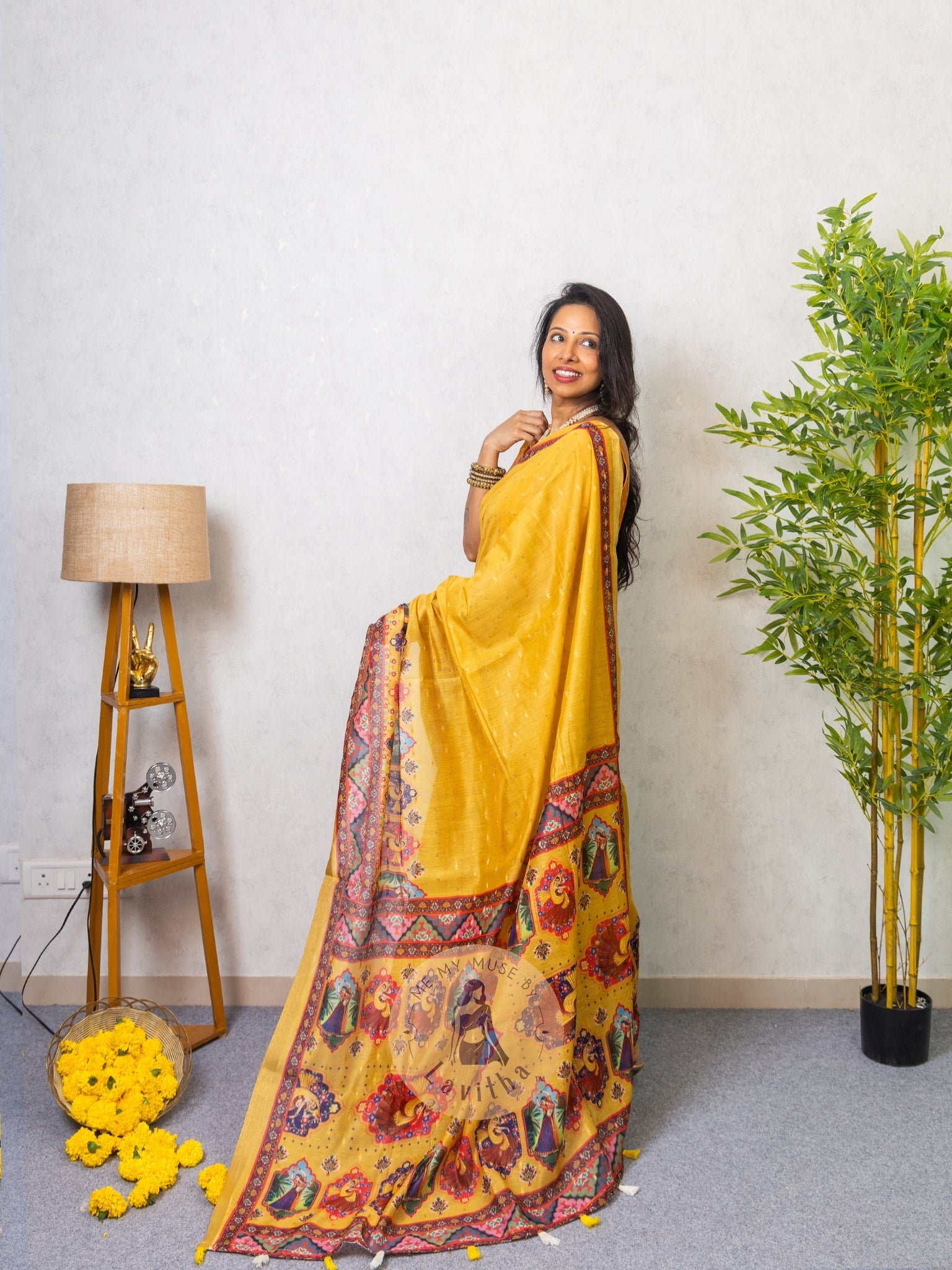 Our muse in a Mustard Yellow Chanderi Cotton saree with ready-to-wear Mustard Yellow Silk Butti Padded Blouse exclusively available on Me My Muse by Lavitha