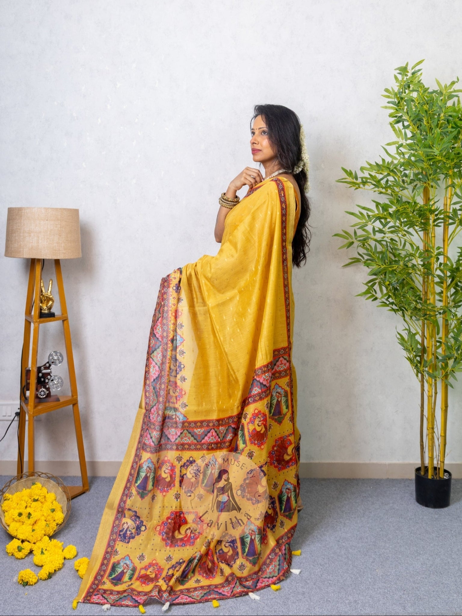 Our muse in a Mustard Yellow Chanderi Cotton saree with ready-to-wear Mustard Yellow Silk Butti Padded Blouse exclusively available on Me My Muse by Lavitha