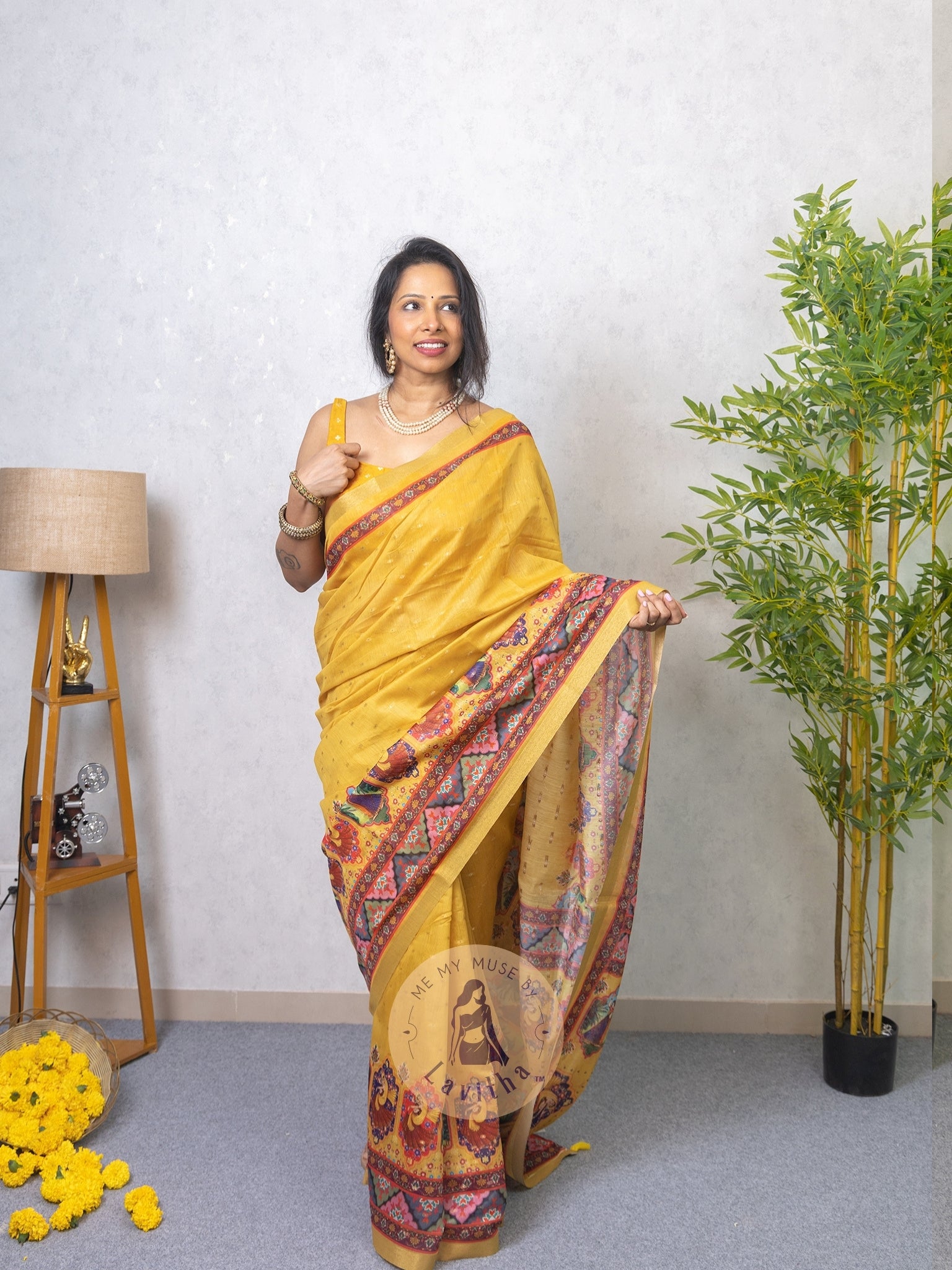 Our muse in a Mustard Yellow Chanderi Cotton saree with ready-to-wear Mustard Yellow Silk Butti Padded Blouse exclusively available on Me My Muse by Lavitha