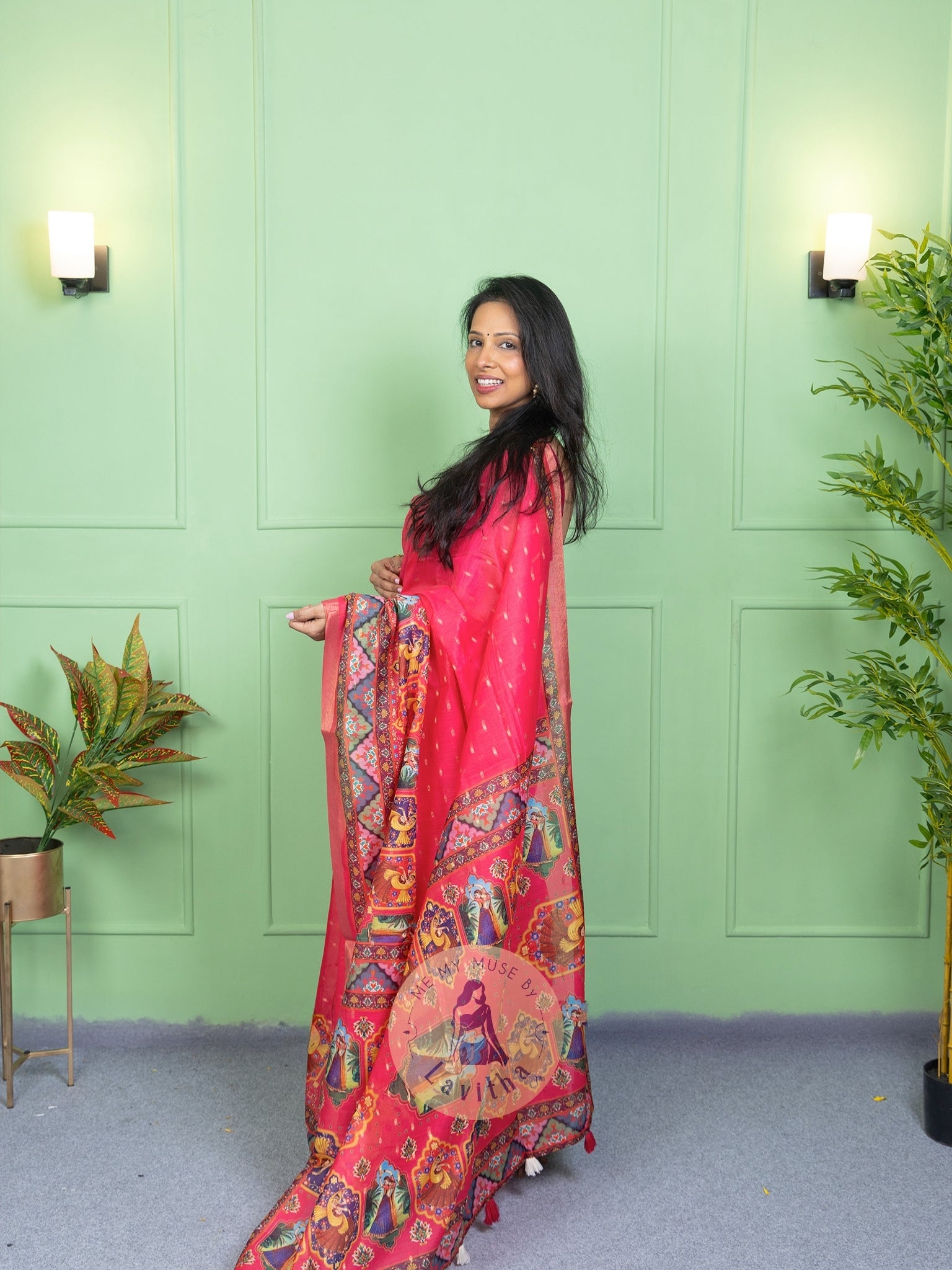 Our muse in a Pink Chanderi Cotton saree with ready-to-wear Pink Silk Butti Padded Blouse exclusively available on Me My Muse by Lavitha