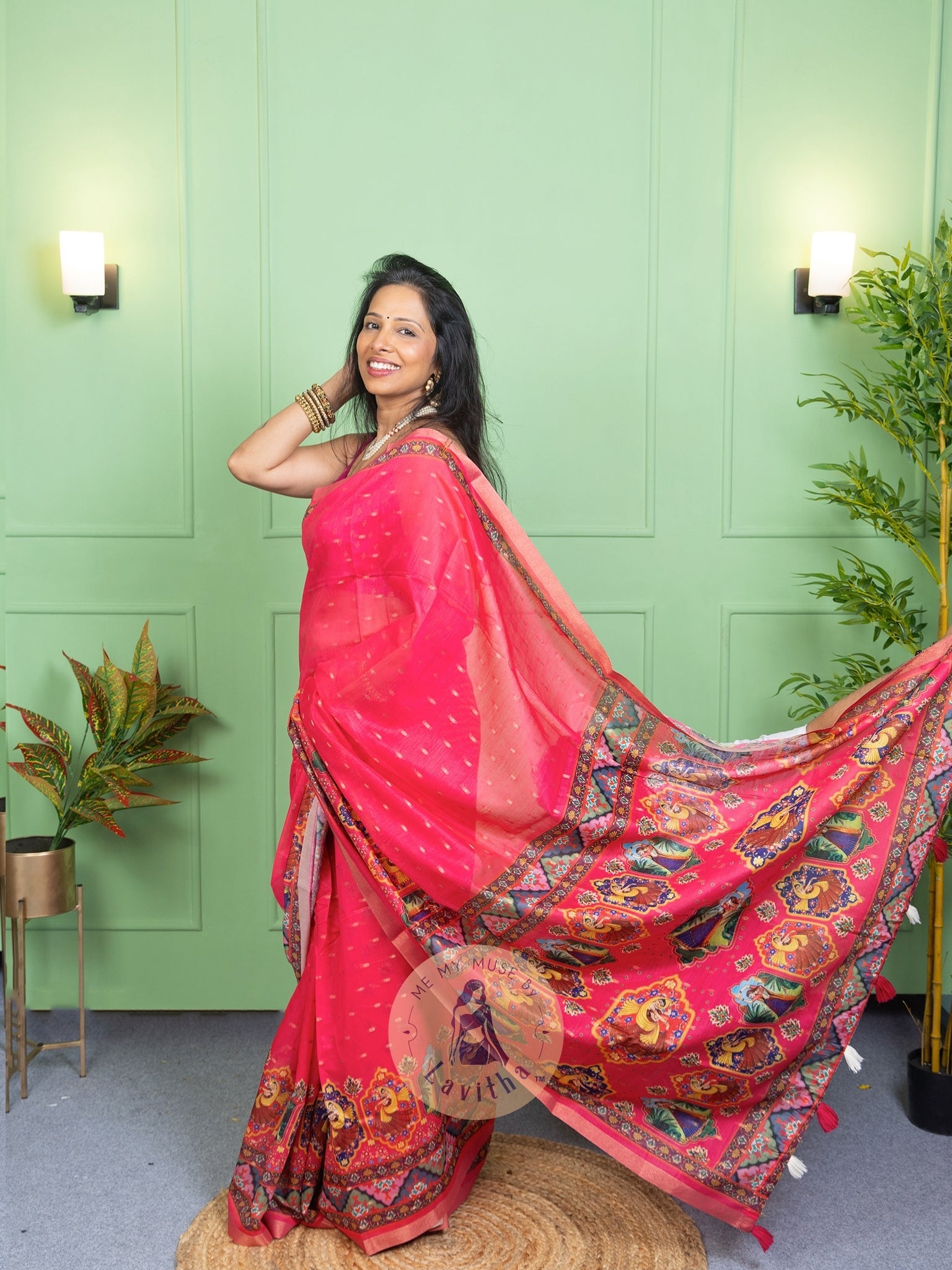 Our muse in a Pink Chanderi Cotton saree with ready-to-wear Pink Silk Butti Padded Blouse exclusively available on Me My Muse by Lavitha