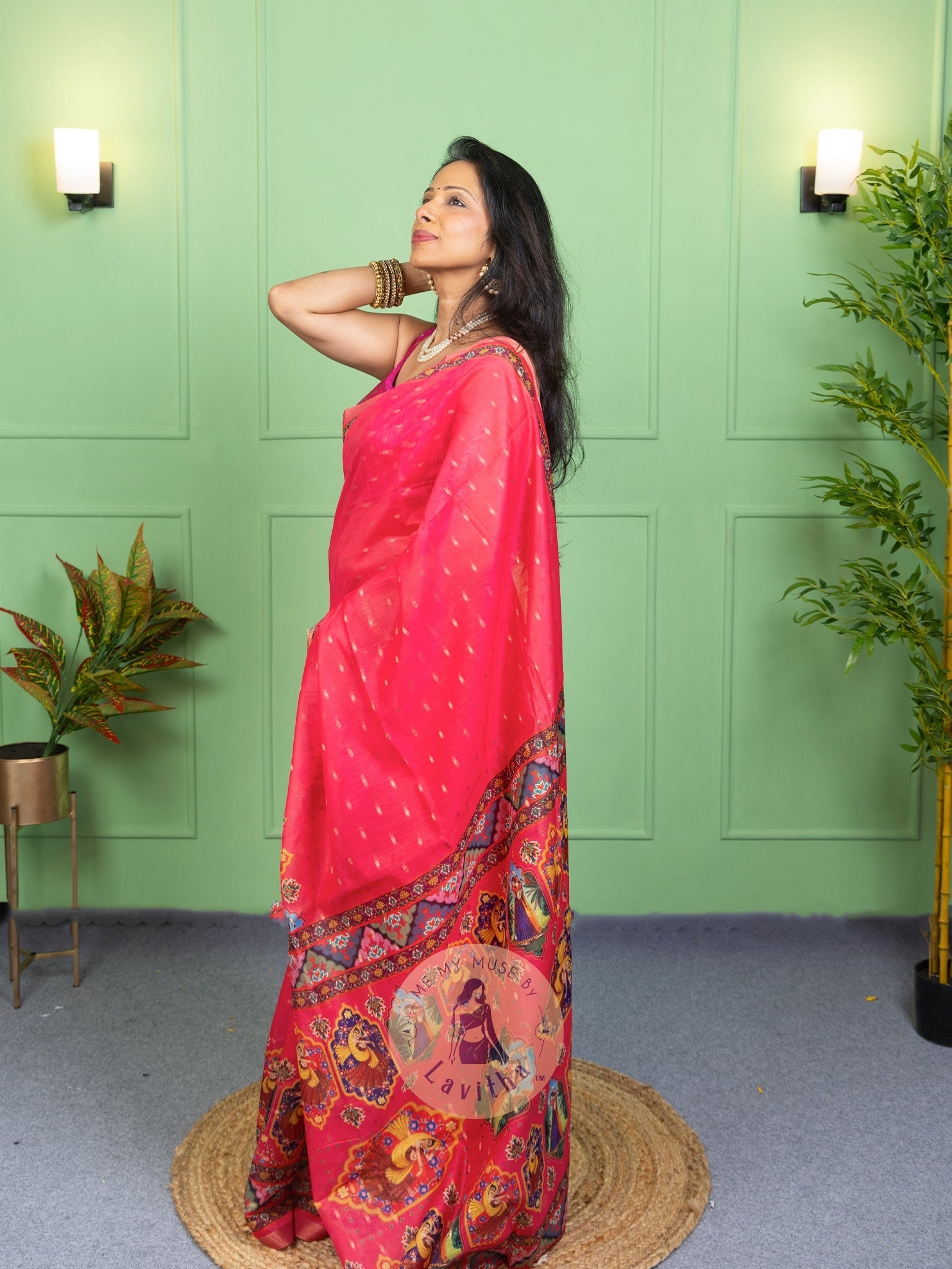 Our muse in a Pink Chanderi Cotton saree with ready-to-wear Pink Silk Butti Padded Blouse exclusively available on Me My Muse by Lavitha