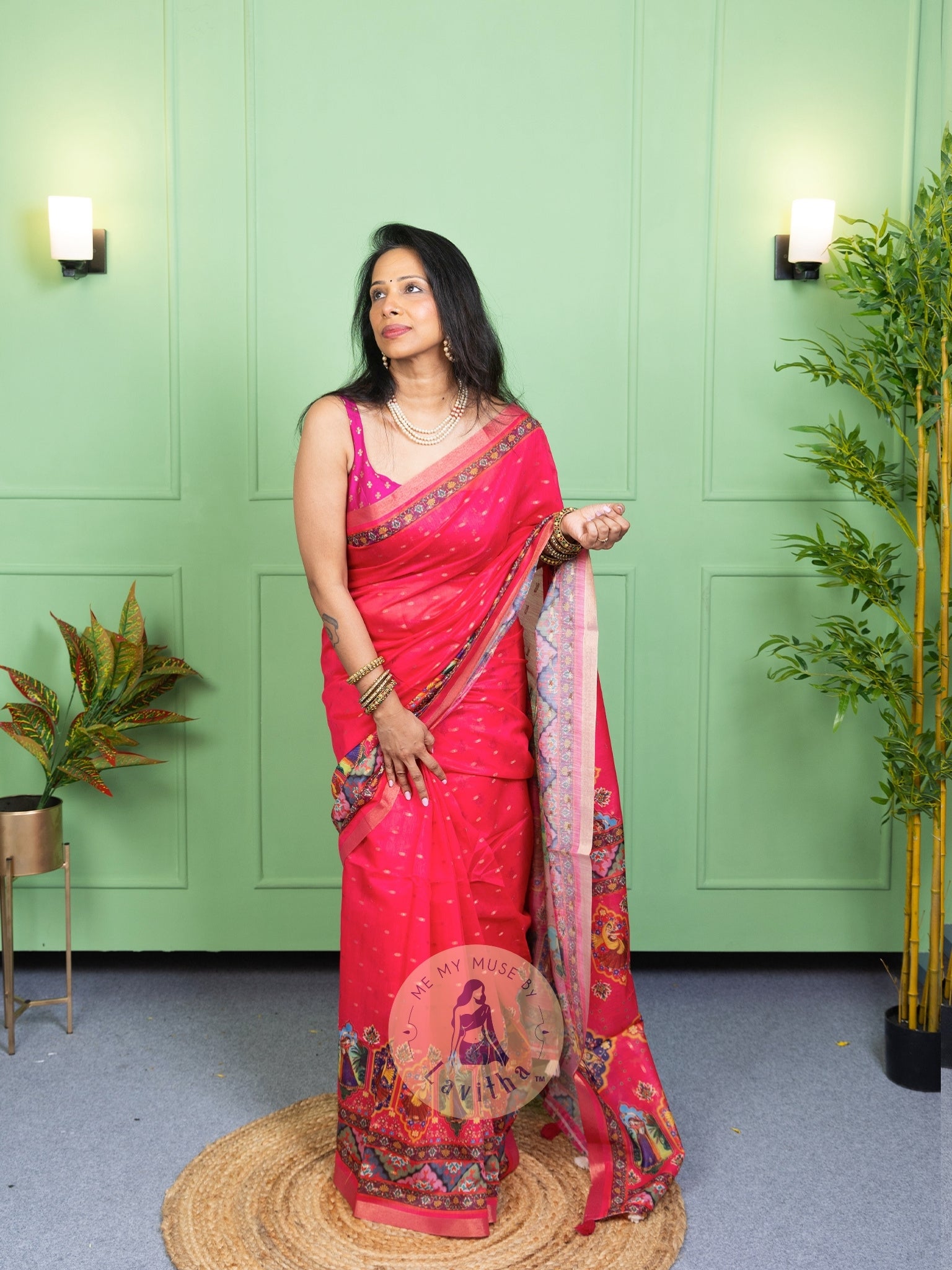 Our muse in a Pink Chanderi Cotton saree with ready-to-wear Pink Silk Butti Padded Blouse exclusively available on Me My Muse by Lavitha