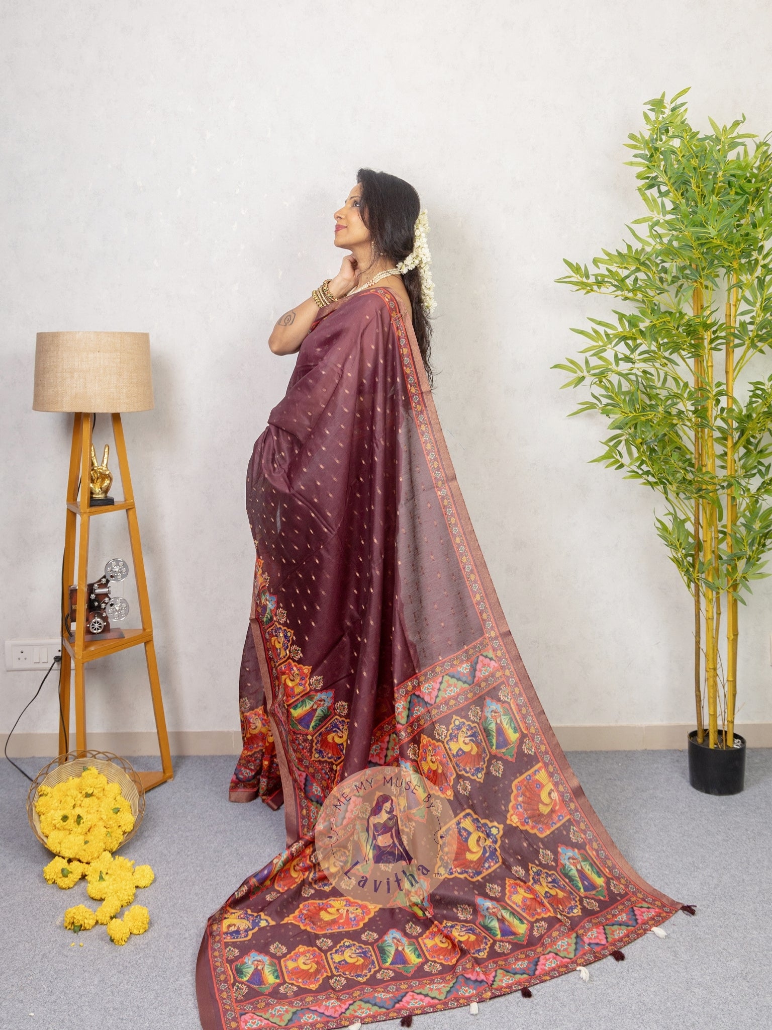 Our muse in a Purple Chanderi Cotton saree with ready-to-wear Purple Silk Butti Padded Blouse exclusively available on Me My Muse by Lavitha