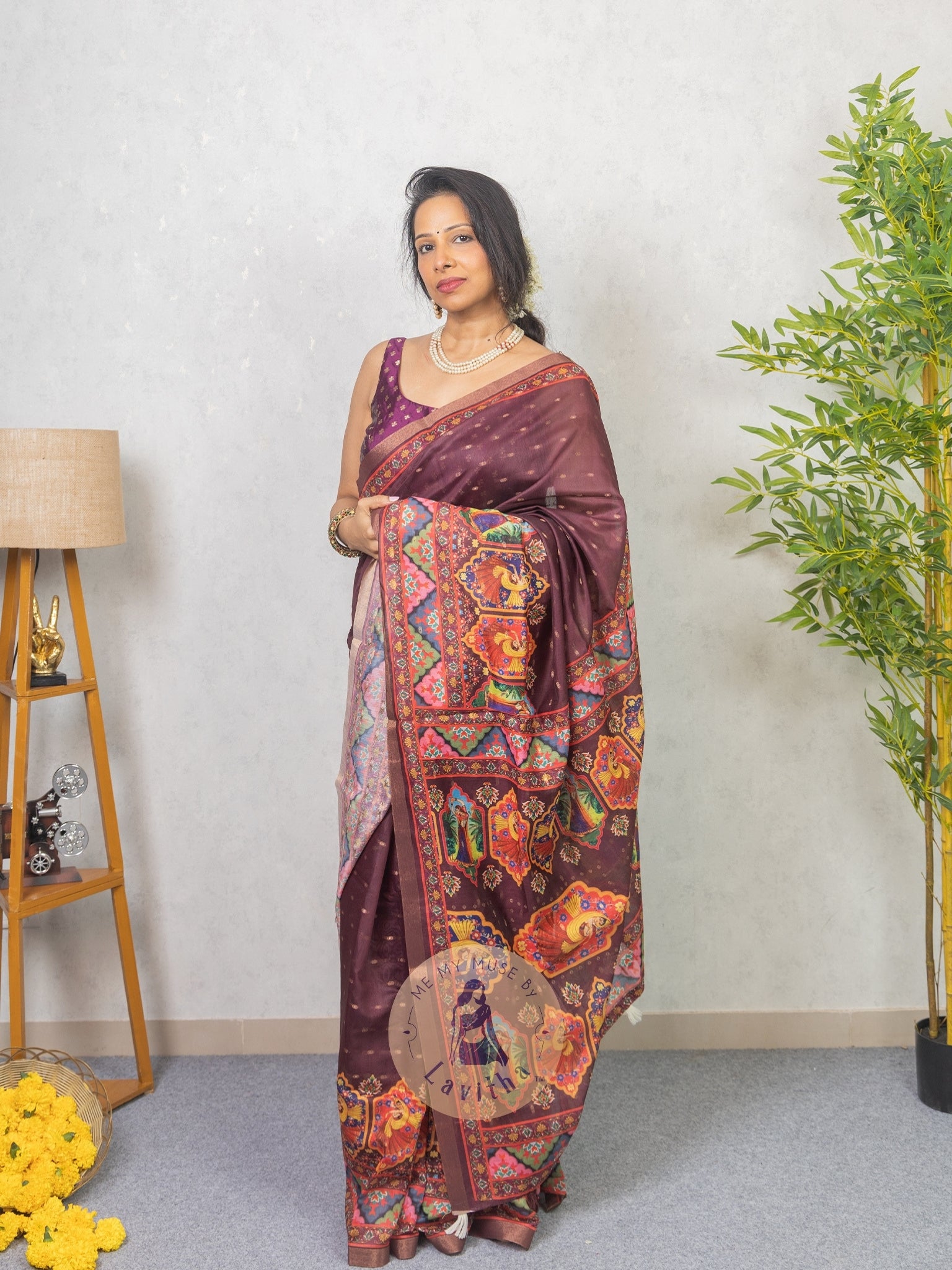 Our muse in a Purple Chanderi Cotton saree with ready-to-wear Purple Silk Butti Padded Blouse exclusively available on Me My Muse by Lavitha