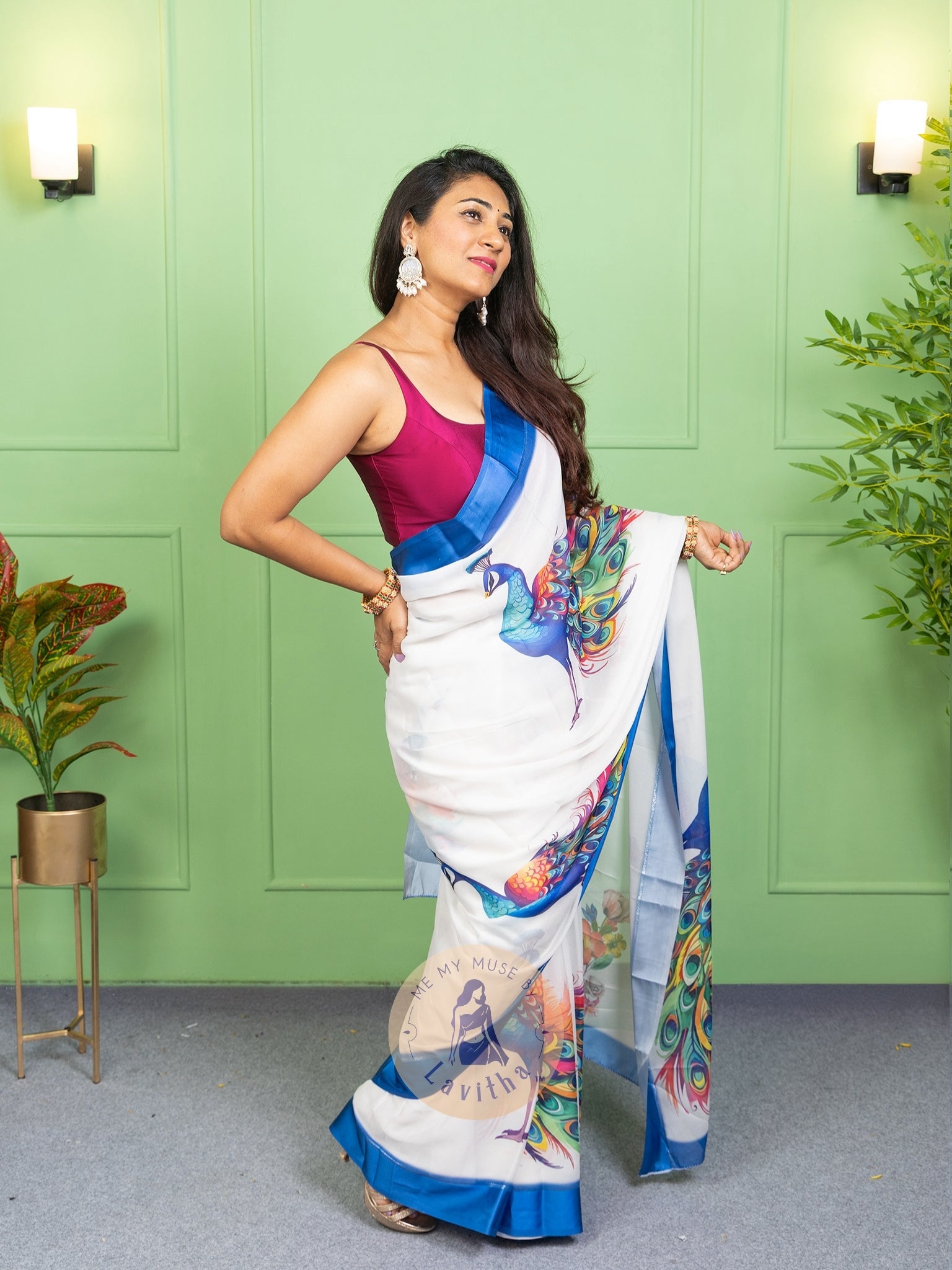 Our muse in a White peacock print chiffon saree with ready-to-wear silk padded blouse saree from Me My Muse by Lavitha