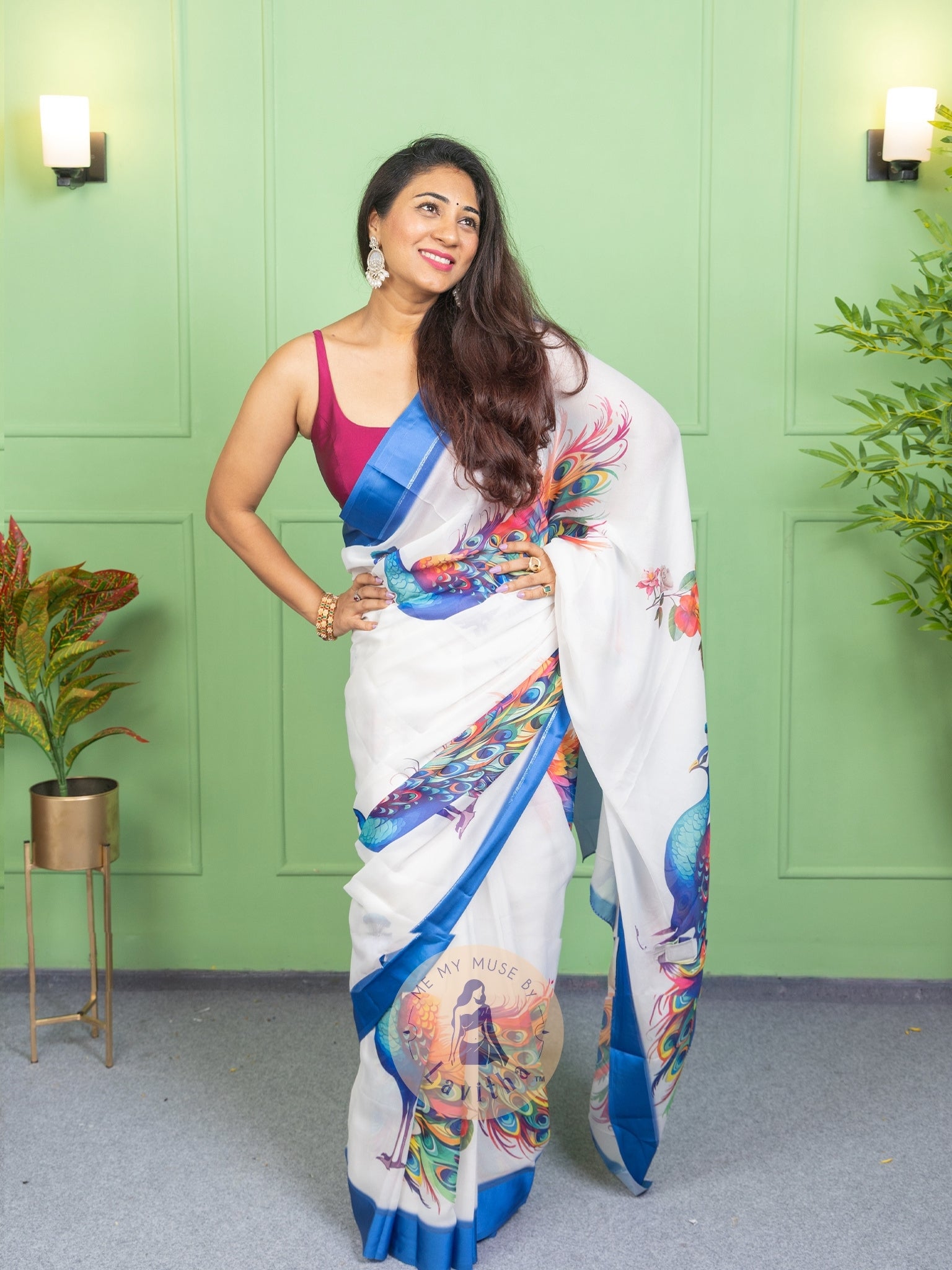 Our muse in a White peacock print chiffon saree with ready-to-wear silk padded blouse saree from Me My Muse by Lavitha