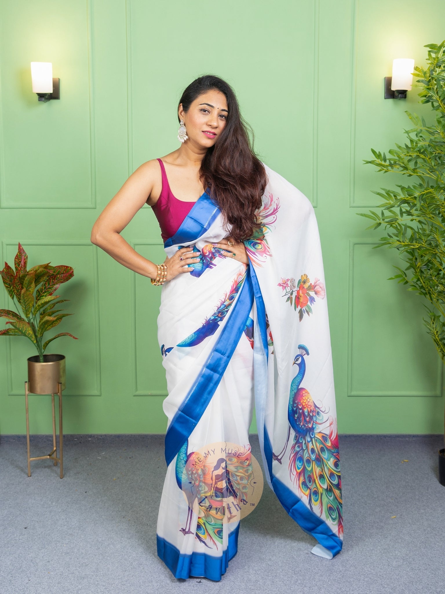 Our muse in a White peacock print chiffon saree with ready-to-wear silk padded blouse saree from Me My Muse by Lavitha