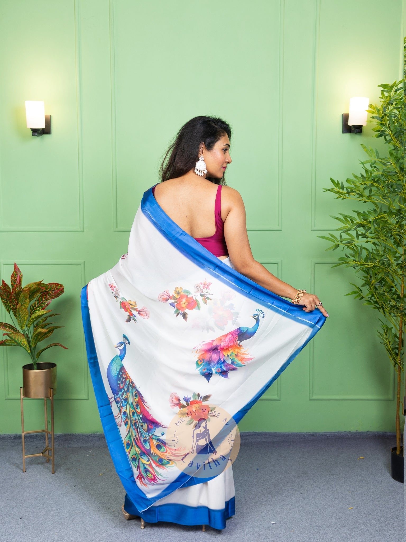 Our muse in a White peacock print chiffon saree with ready-to-wear silk padded blouse saree from Me My Muse by Lavitha