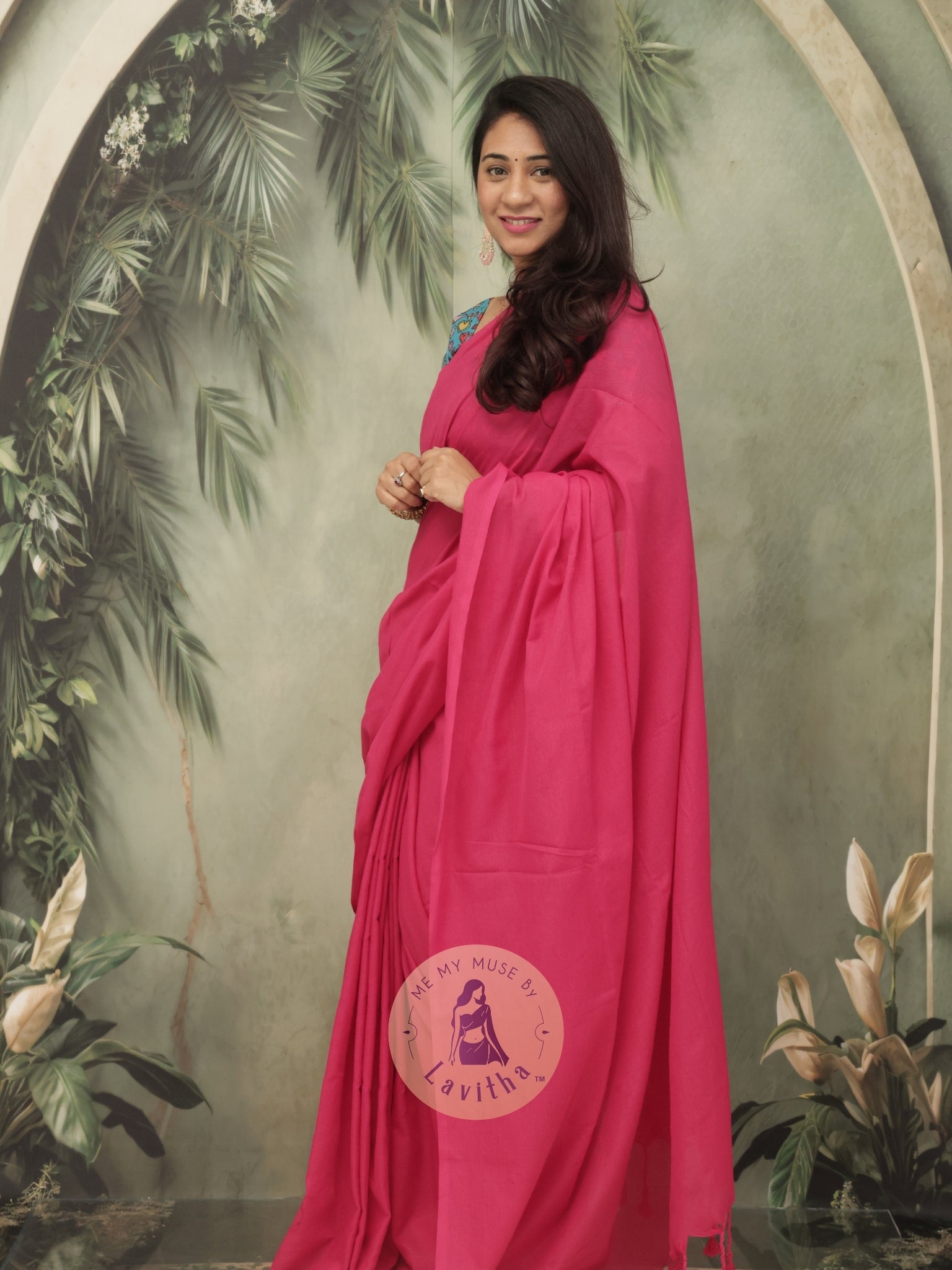 Saaqi Fuschia Pink Sheen Cotton Saree