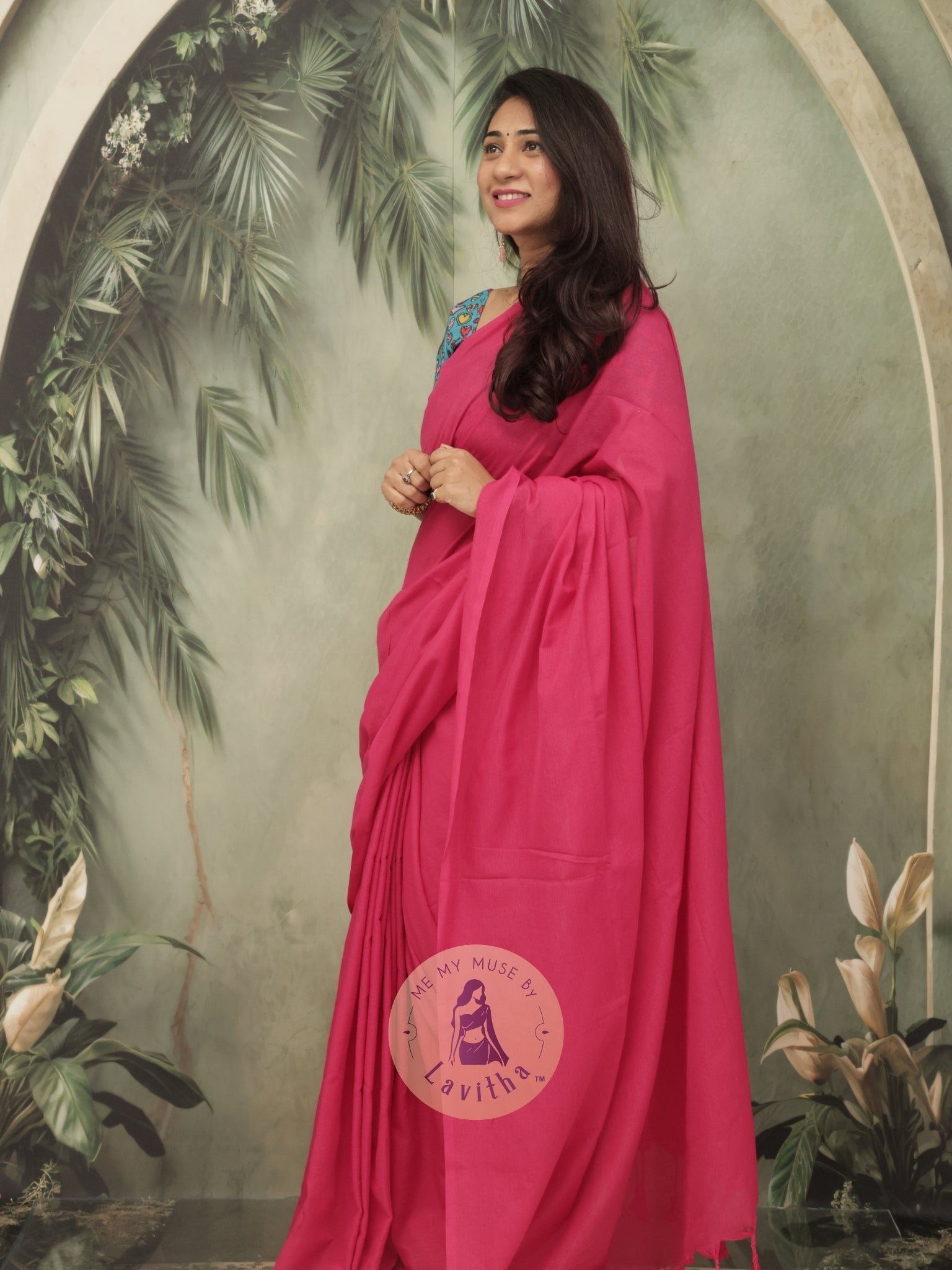 Saaqi Fuschia Pink Sheen Cotton Saree