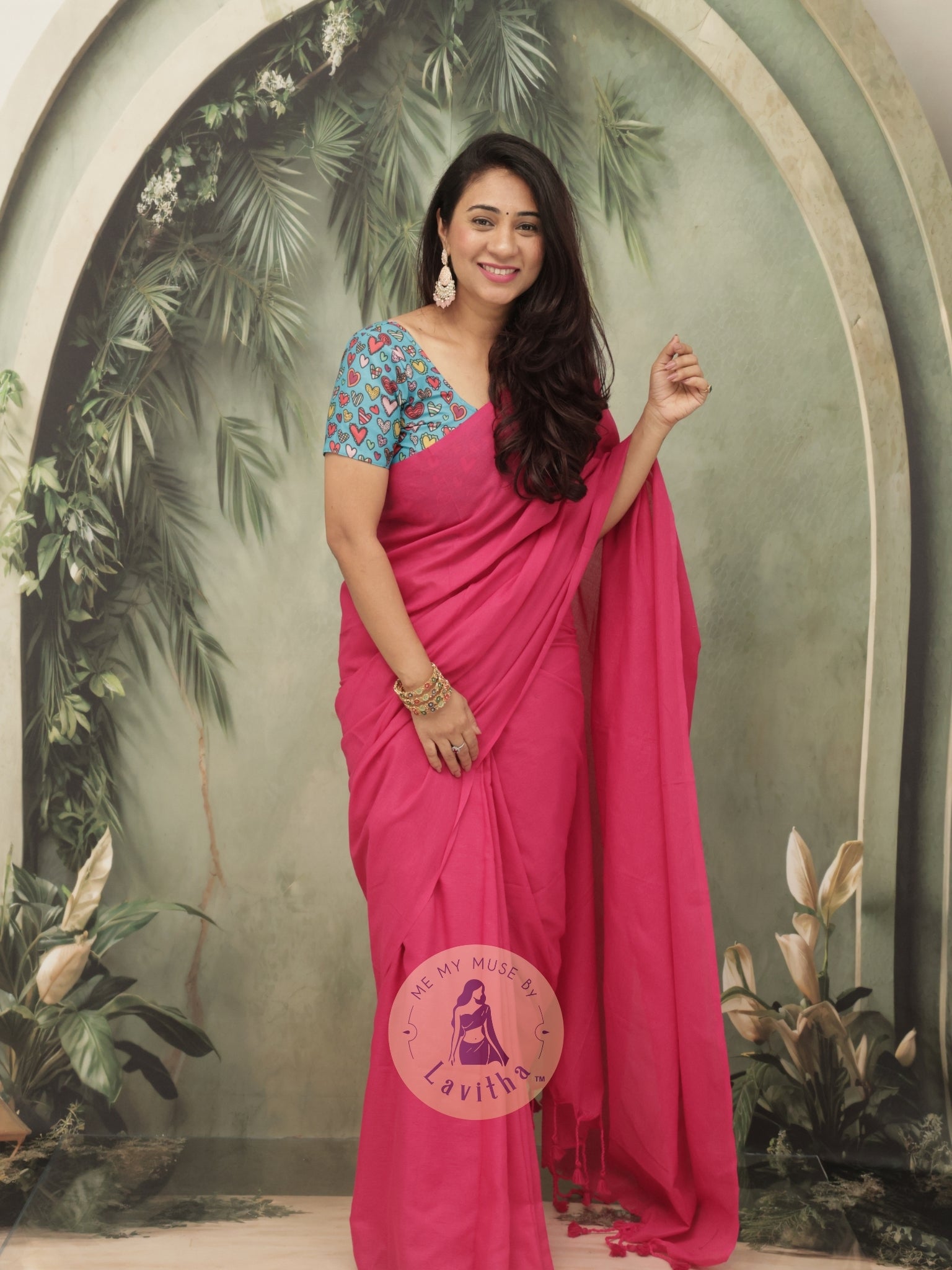 Saaqi Fuschia Pink Sheen Cotton Saree
