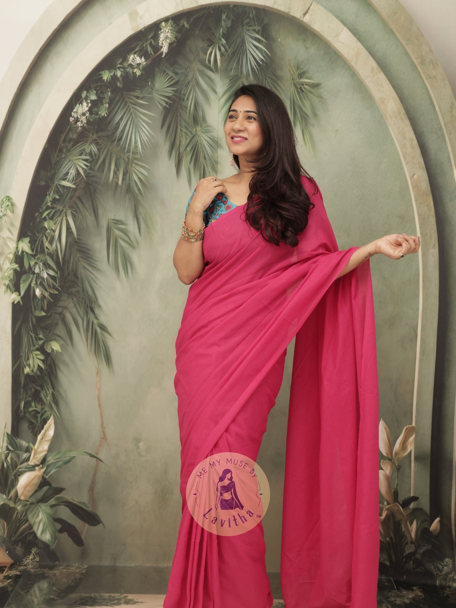 Saaqi Fuschia Pink Sheen Cotton Saree