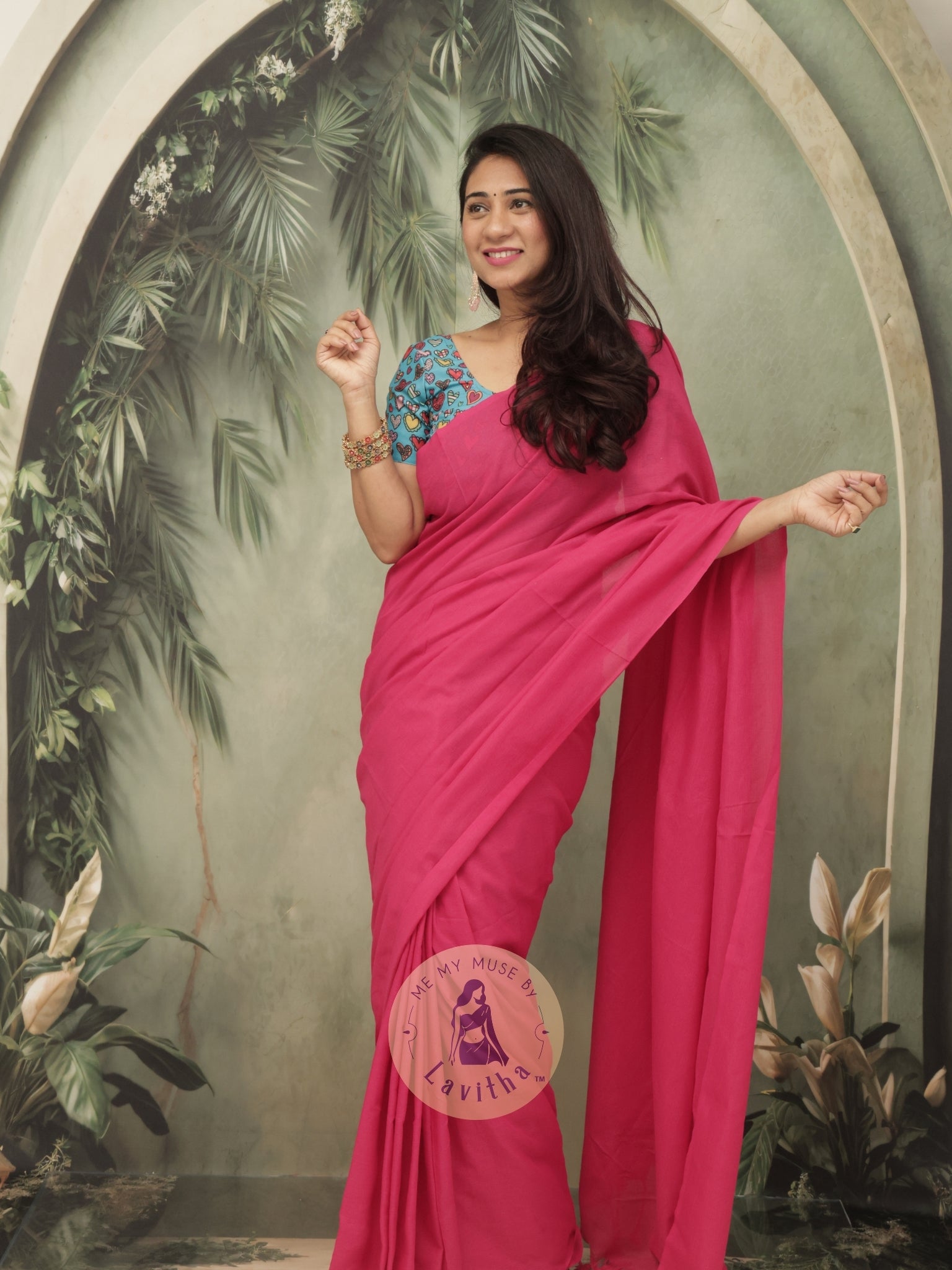 Saaqi Fuschia Pink Sheen Cotton Saree