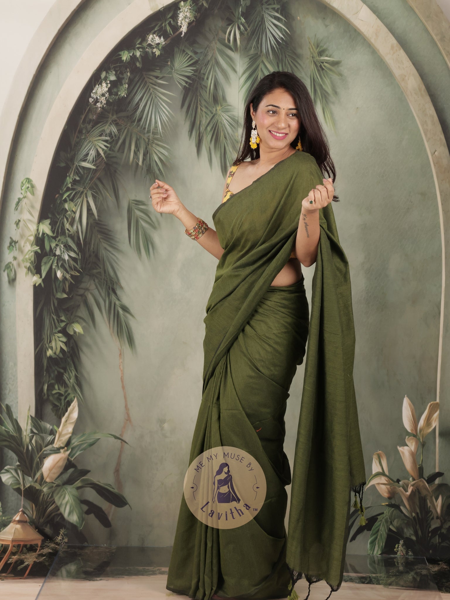 Saaqi Henna Green Sheen Cotton Saree