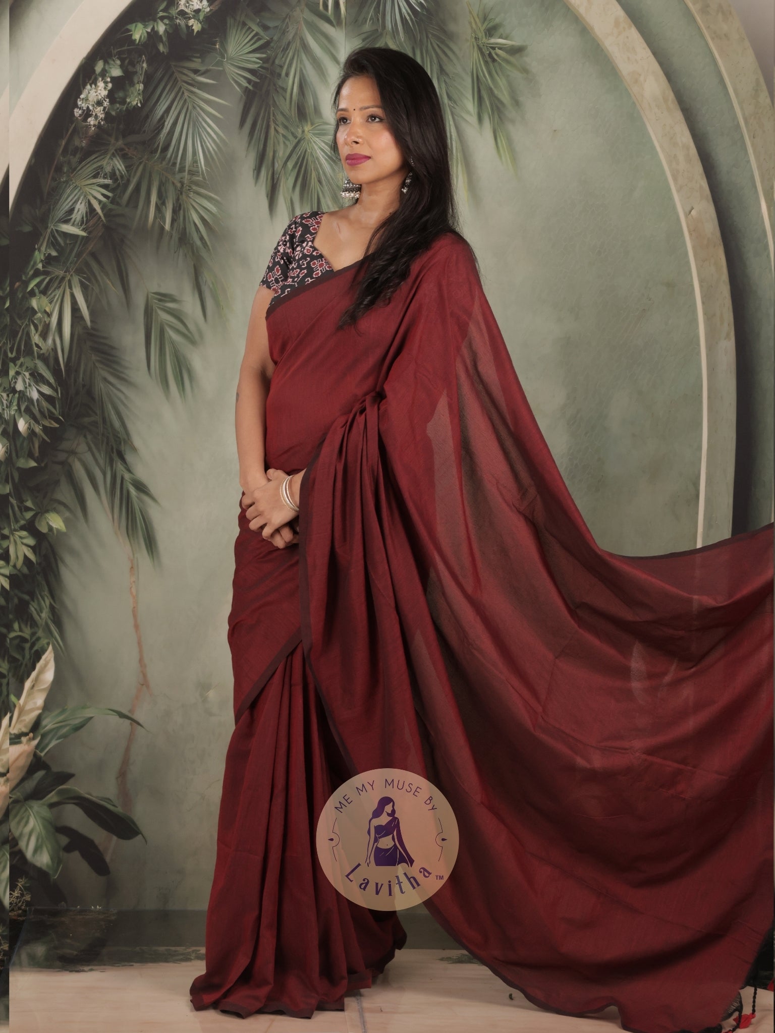 Saaqi Maroon Sheen Cotton Saree