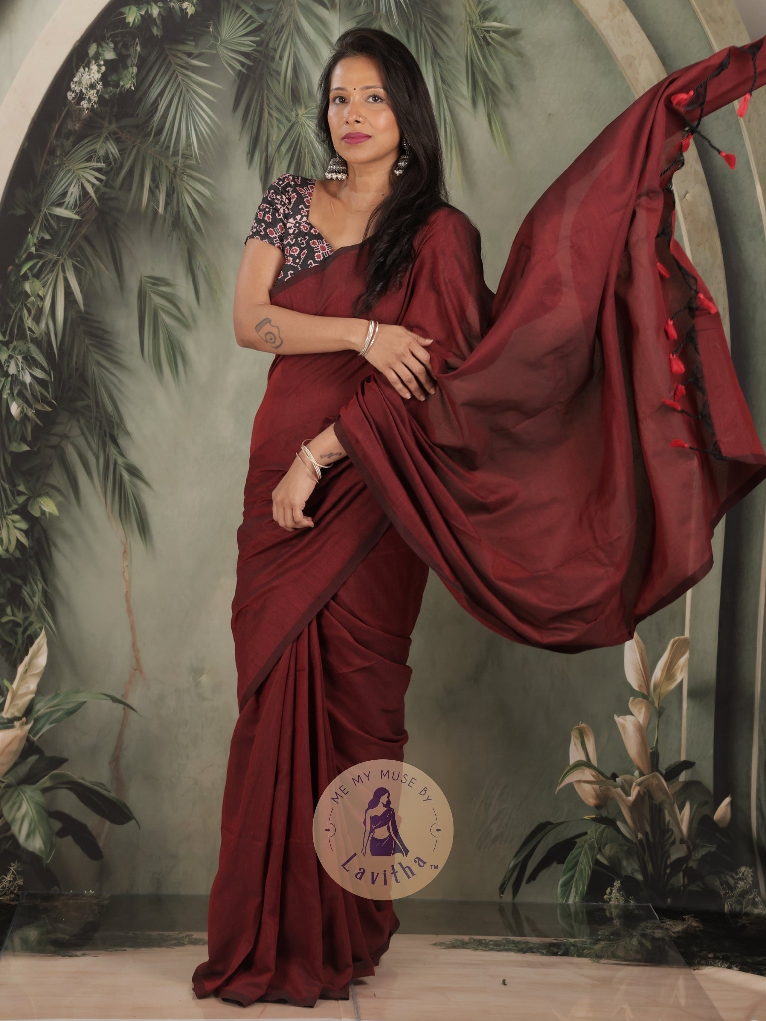 Saaqi Maroon Sheen Cotton Saree