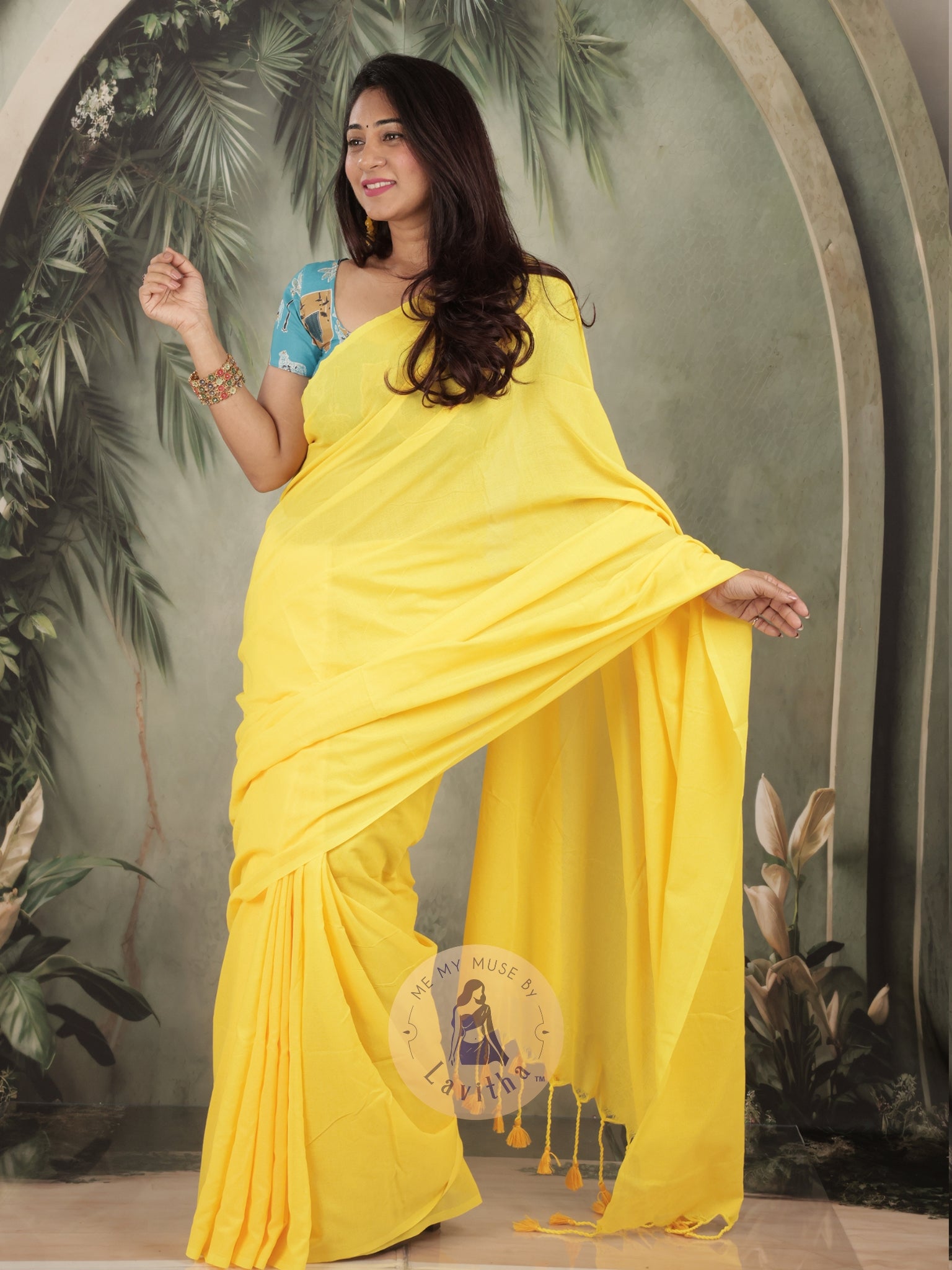 Saaqi Yellow Sheen Cotton Saree