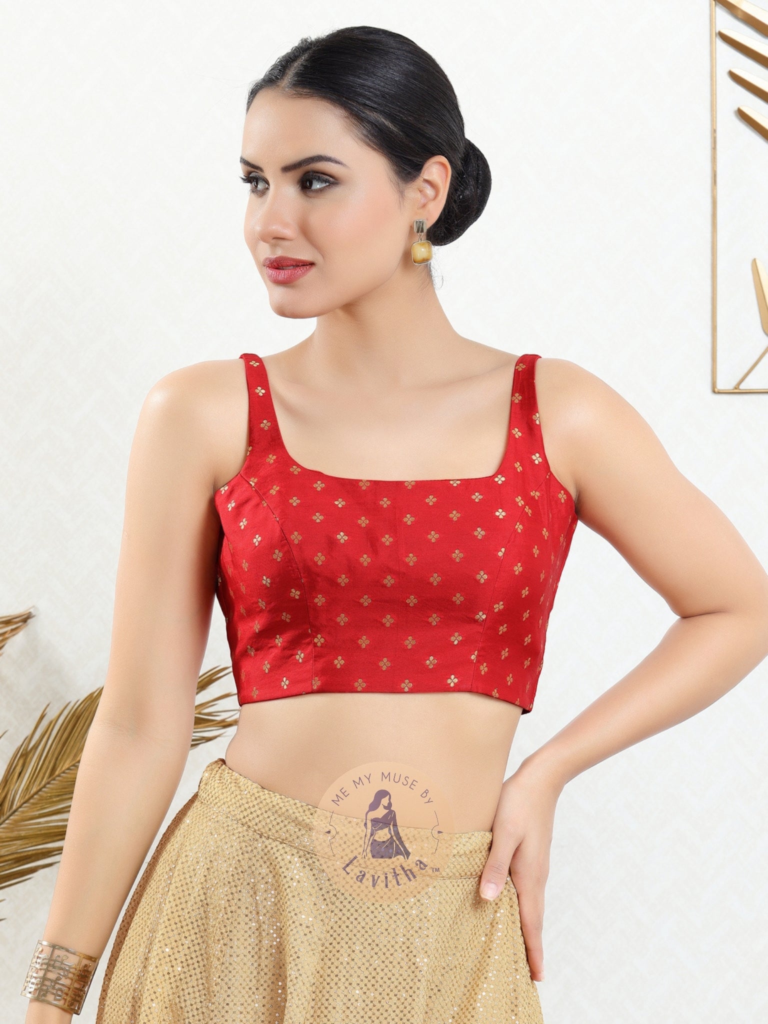 Red Silk Butti Padded Round-Neck Sleeveless Blouse